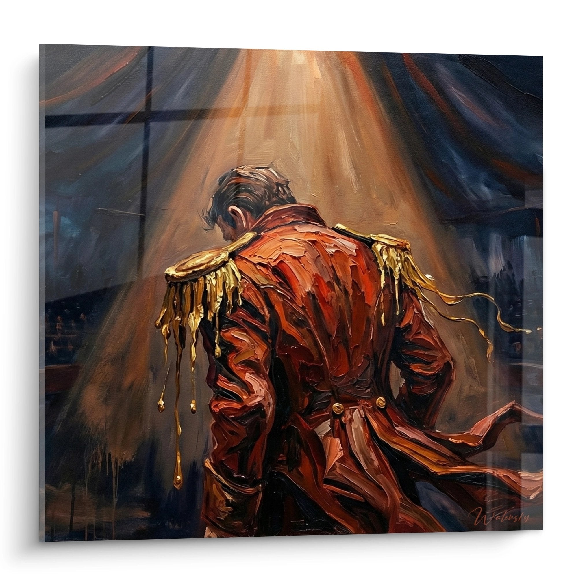 Painting depicting Monsieur Loyal in red and gold outfit under spotlights in traditional circus tent
