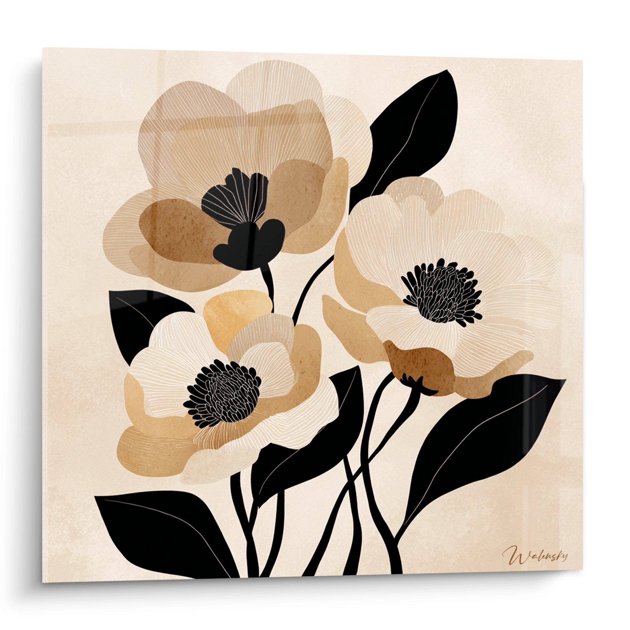 Quadro art déco fiori stilizzati beige e neri, composizione floreale elegante su sfondo chiaro
