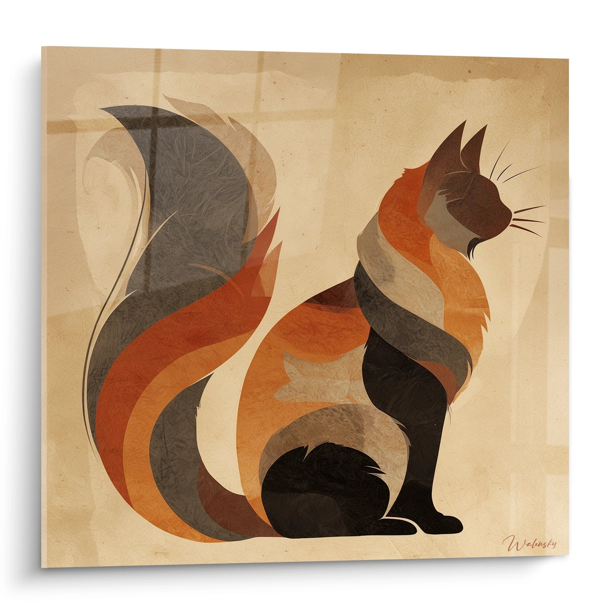 Tableau mural chat stylisé aux tons oranges et bruns, art décoratif moderne inspiré du chat Somali