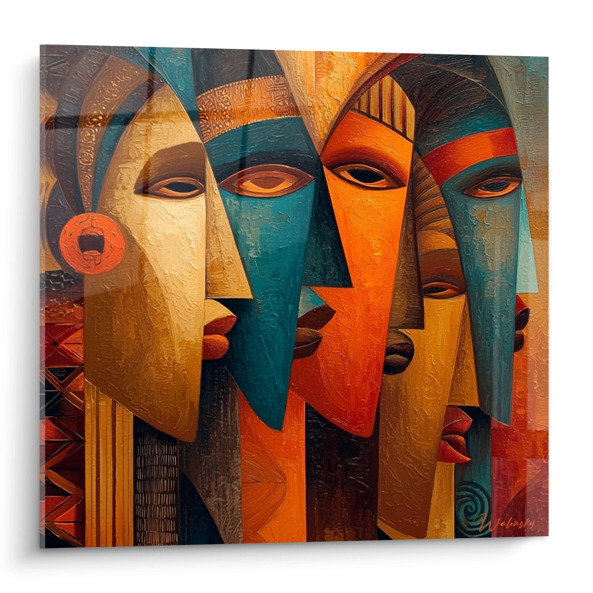 Modern artwork featuring four abstract African masks in warm orange and blue colors