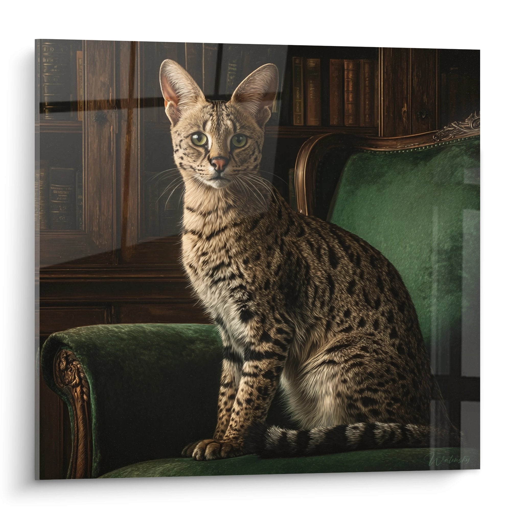 Tableau chat Savannah elegant assis sur fauteuil vert velours dans bibliotheque victorienne boiseries sombres