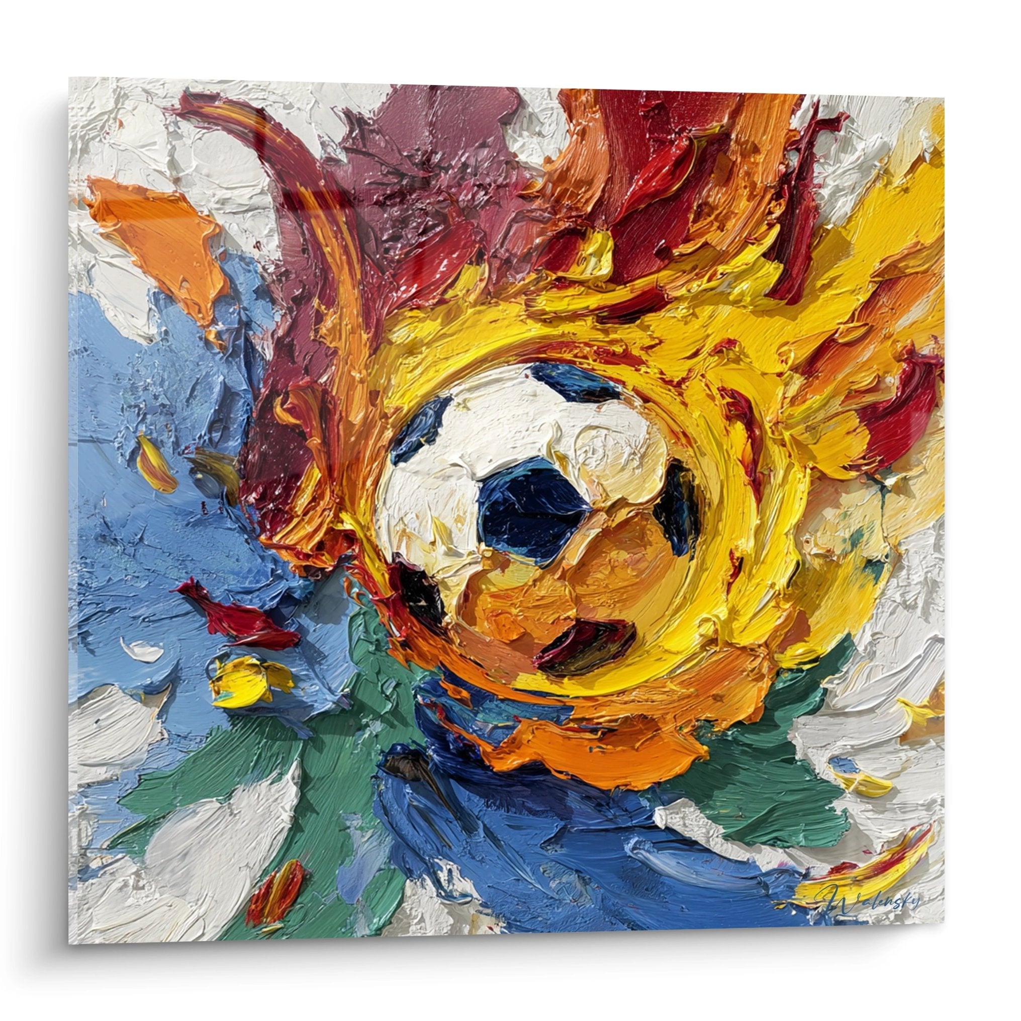 Tableau ballon de football entouré de flammes colorées peint en technique impasto sur toile