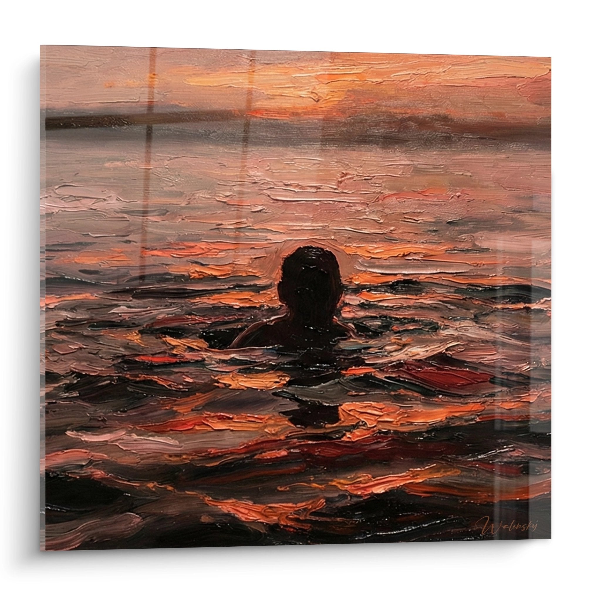 Tableau peinture nageur dans eau doree au coucher du soleil, art mural decoration natation moderne