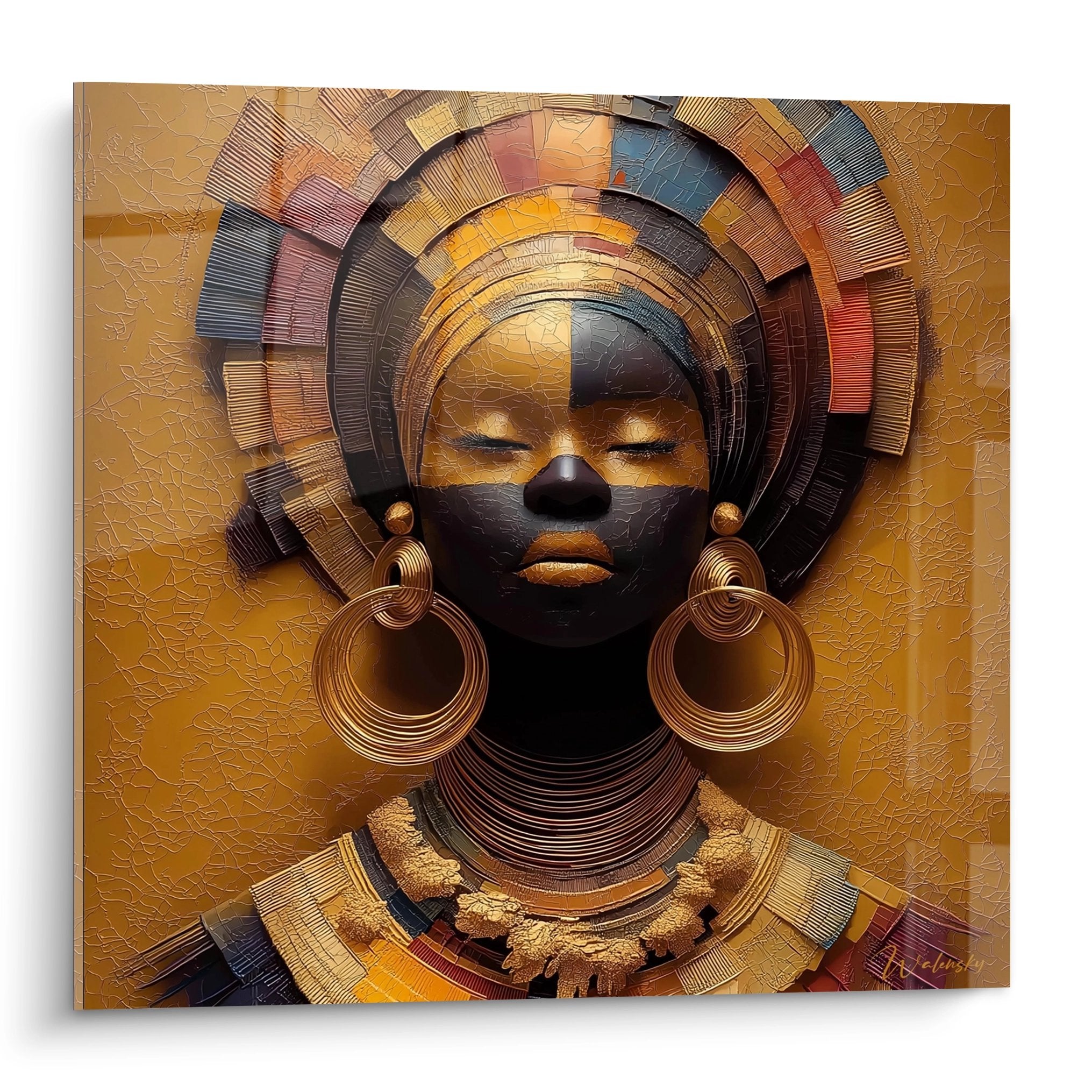 Quadro ritratto donna africana con spirali dorate e gioielli tradizionali, arte contemporanea murale