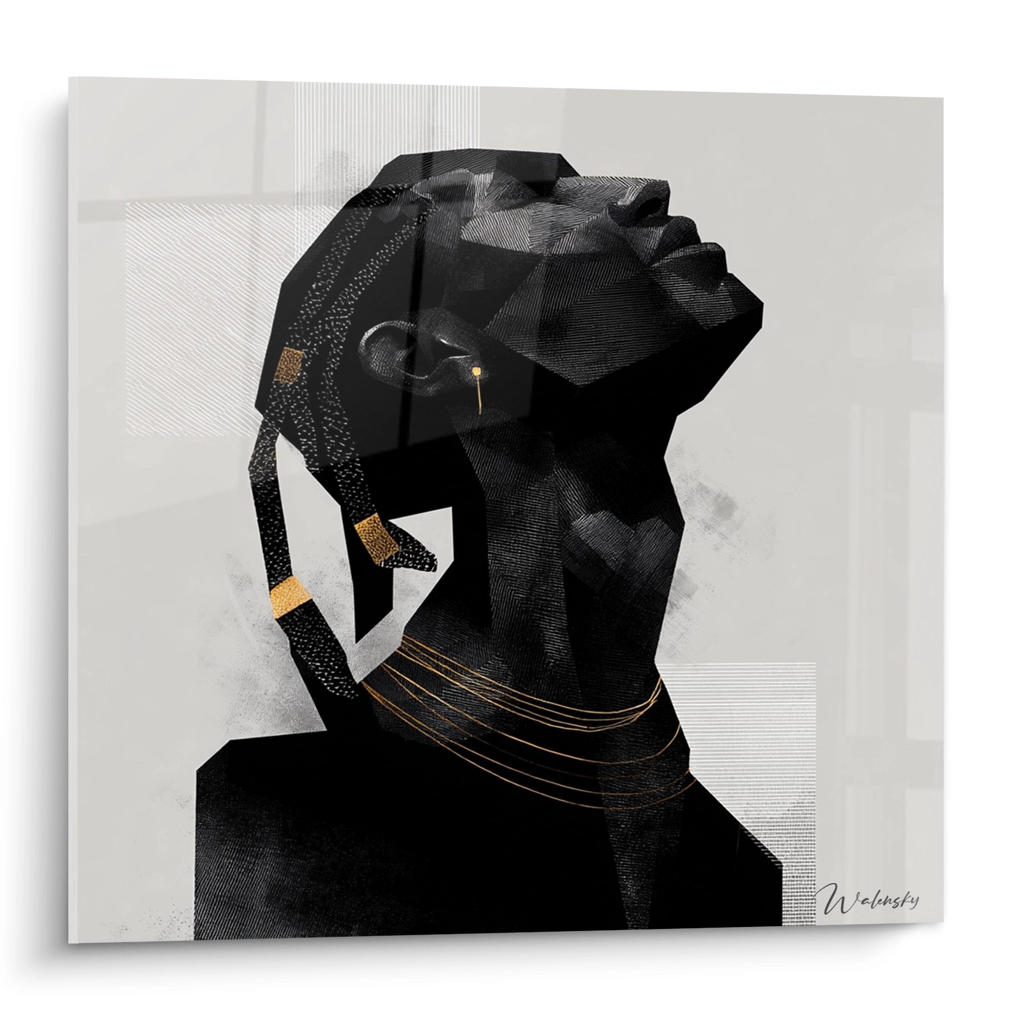 Quadro moderno che raffigura una donna africana contemplativa con dettagli dorati su sfondo geometrico bianco e nero