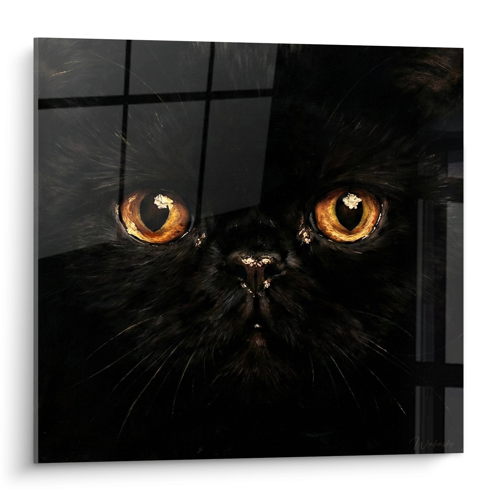 Quadro artistico gatto nero con grandi occhi ambrati dorati, arte murale felina Exotic Shorthair per decorazione d'interni