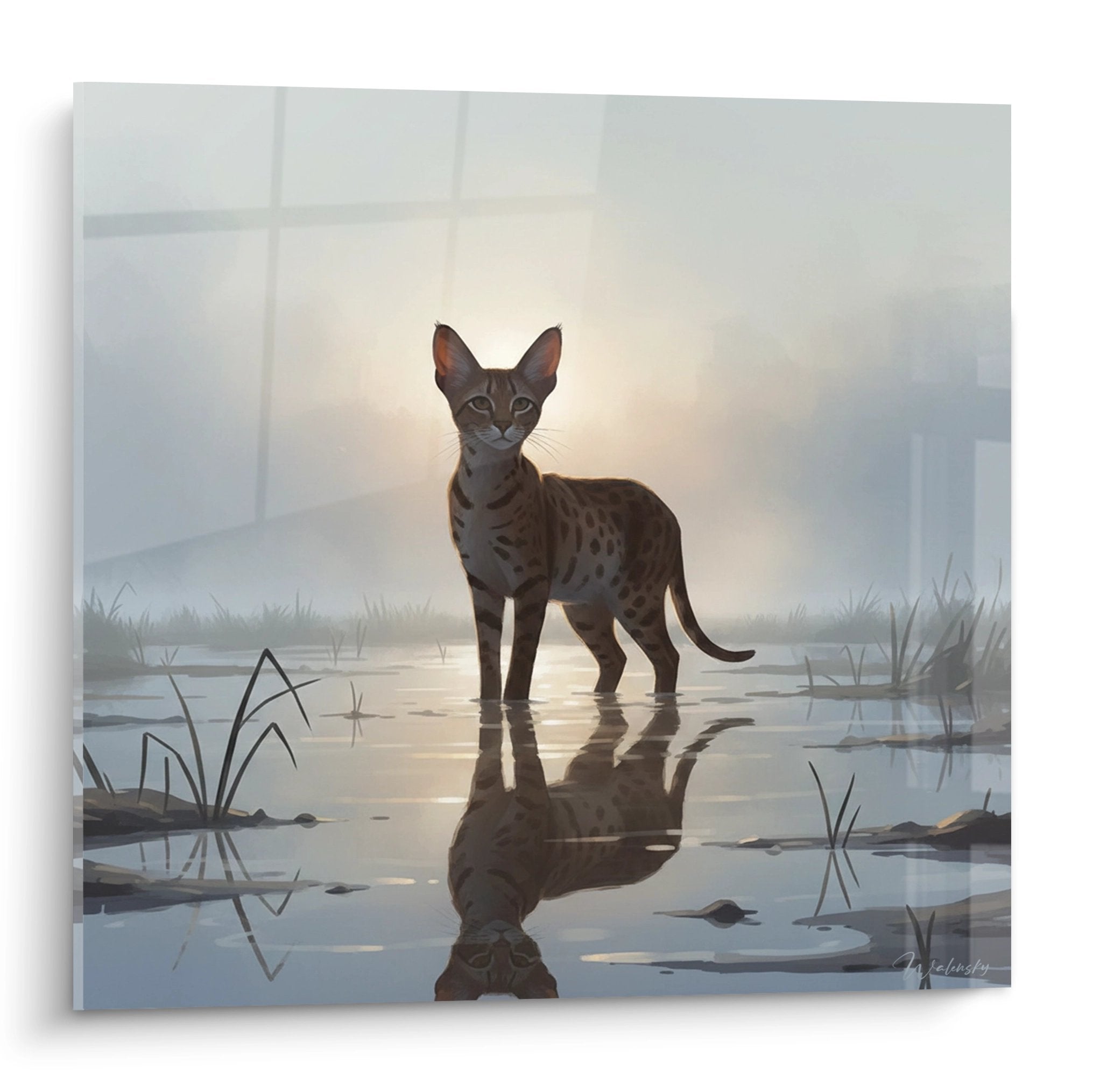 Tableau artistique representant un chat Chausie debout au bord de l'eau avec son reflet dans une atmosphere brumeuse