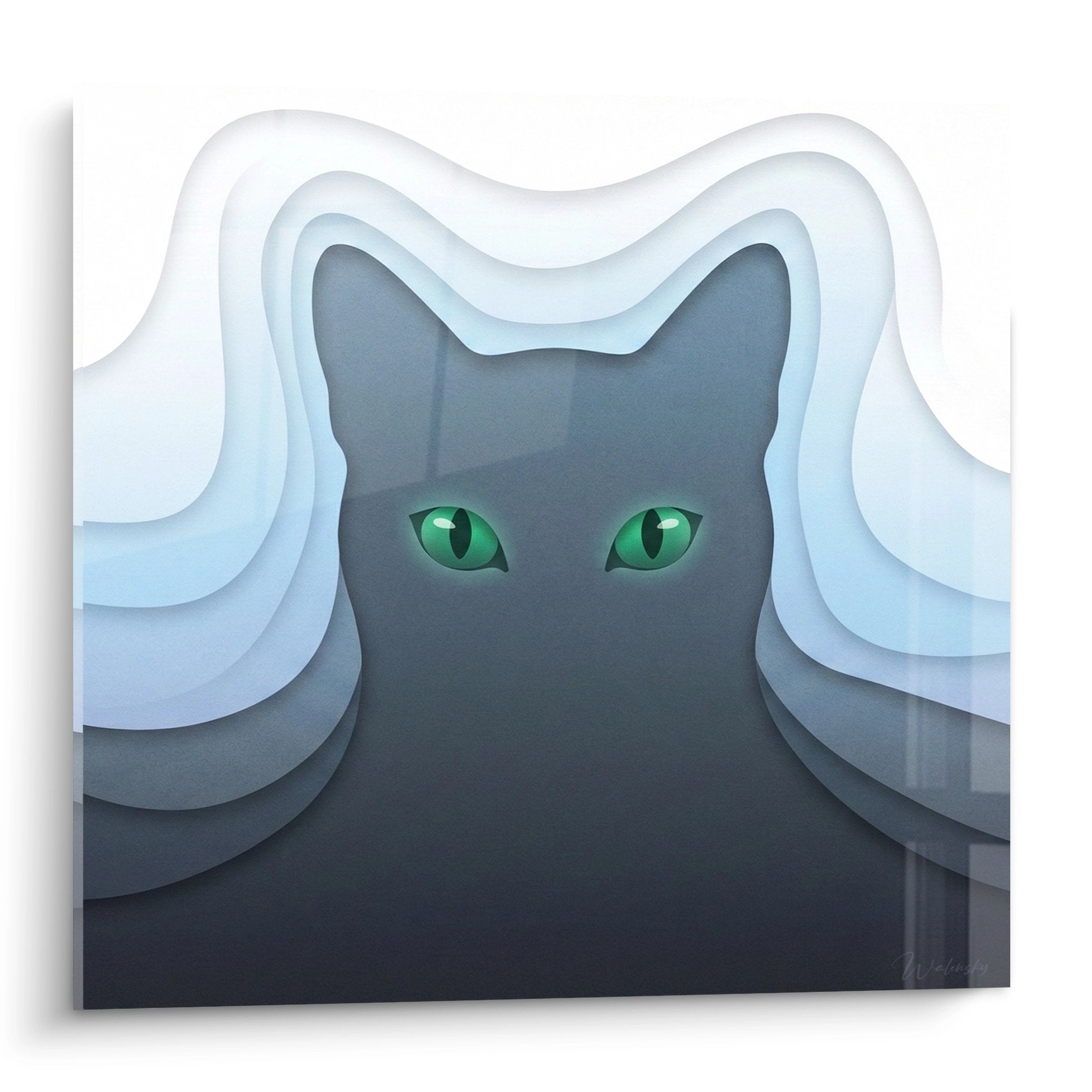 Tableau moderne chat Russian Blue aux yeux verts emergeant de couches de papier blanc et bleu style paper art