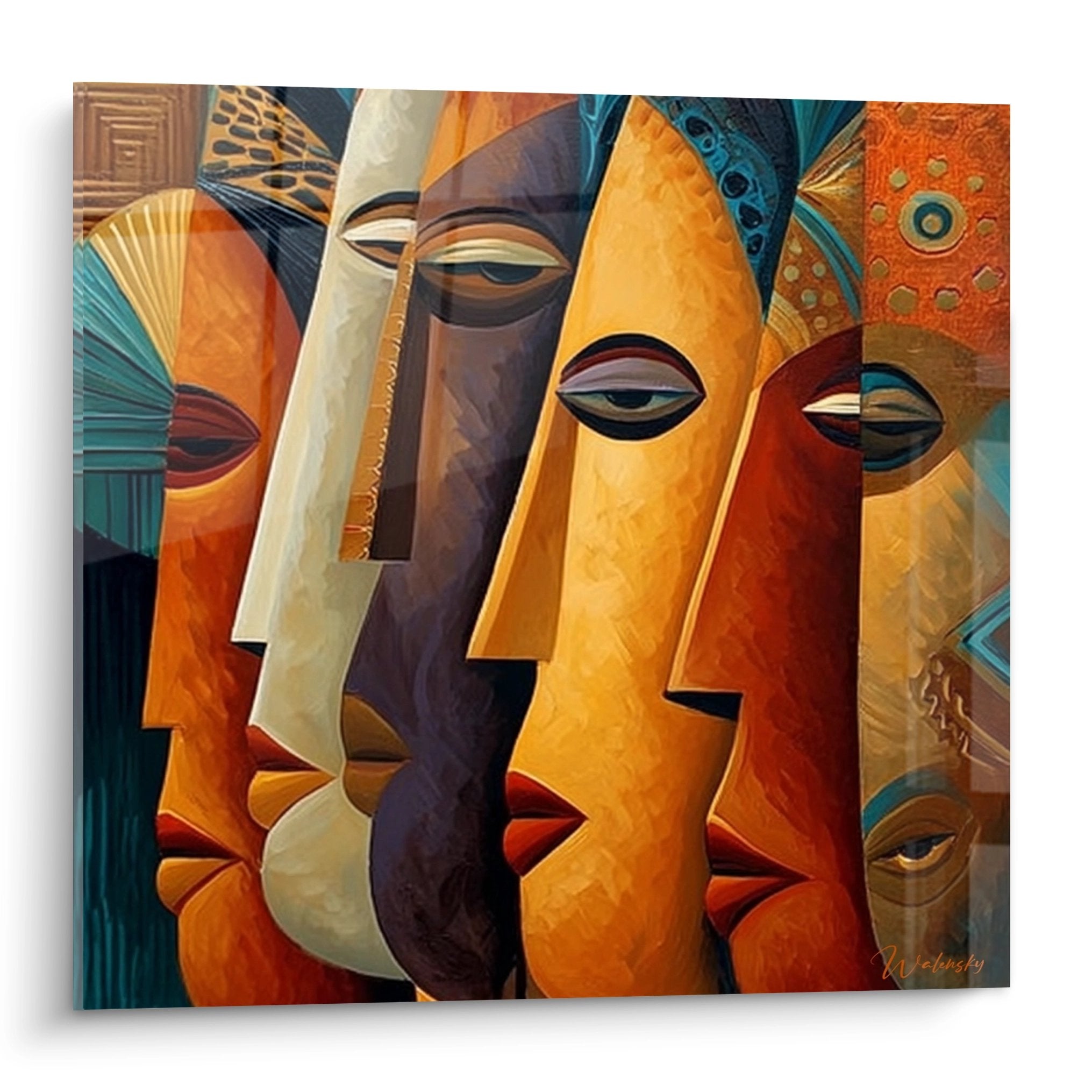 Quadro moderno di maschere africane stilizzate in stile cubista con colori caldi ocra e arancione