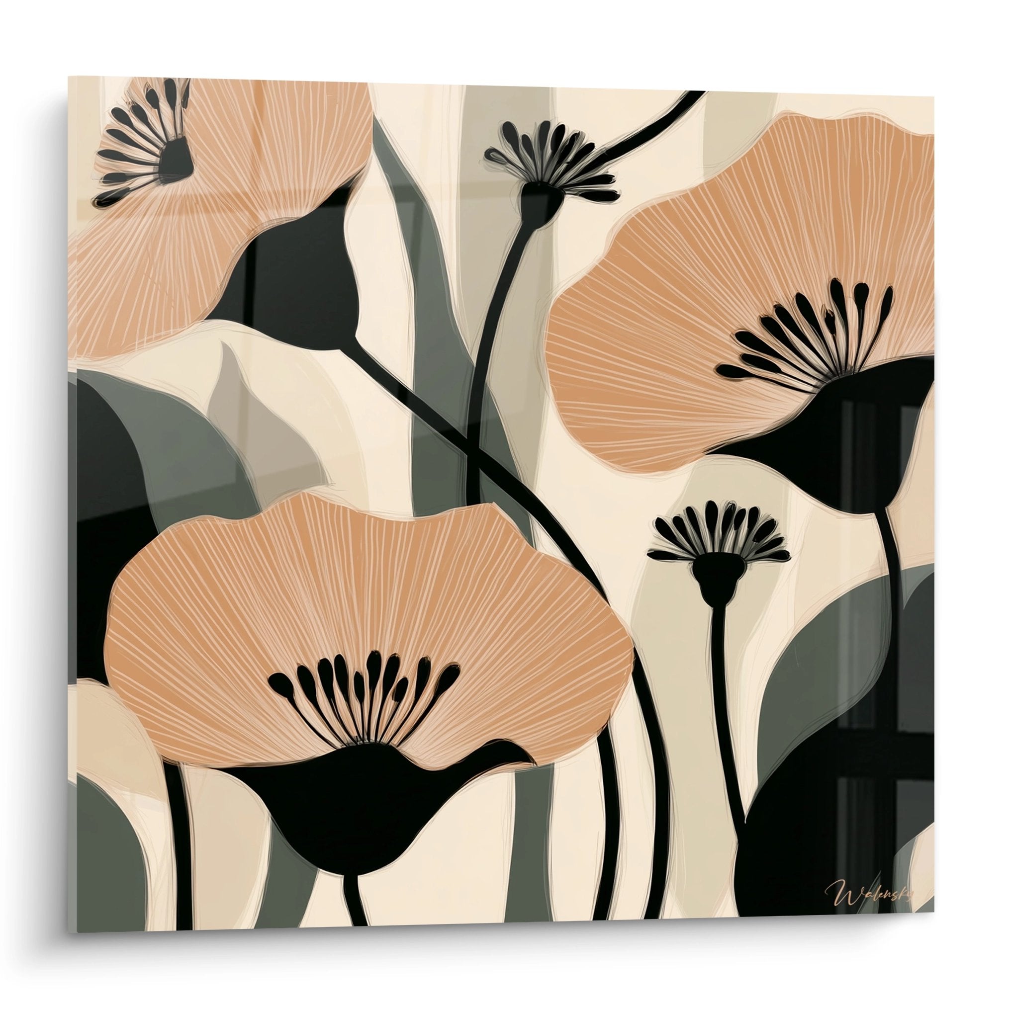 Quadro art deco fiori astratti corallo e nero, decorazione murale moderna stile parigino elegante