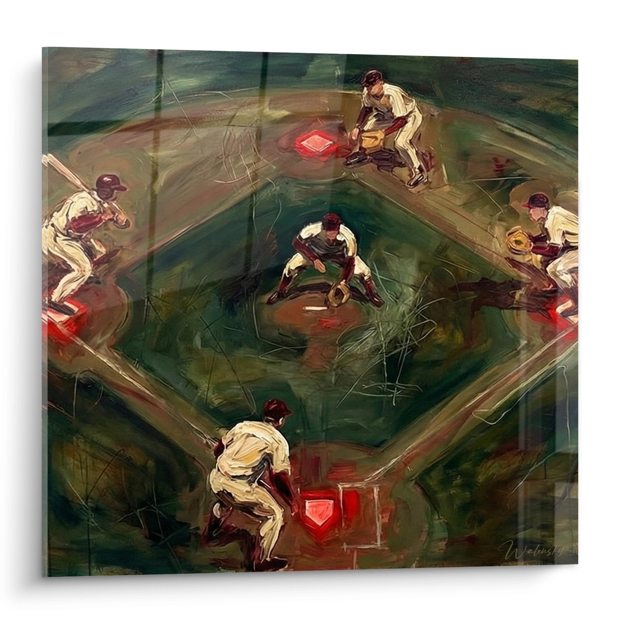 Quadro baseball vista aerea che mostra giocatori in azione sul campo verde con basi rosse in stile artistico