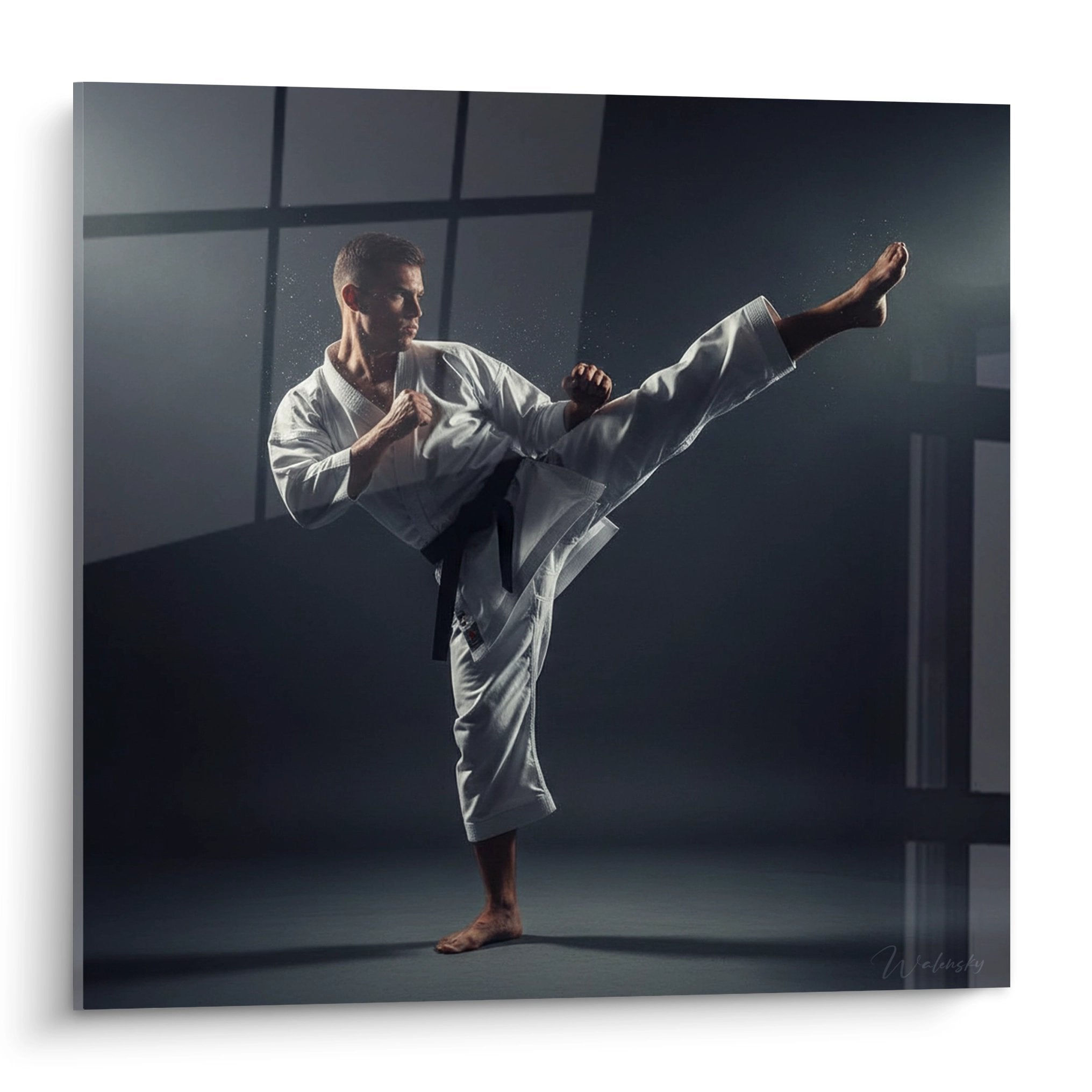 Karateka en kimono blanc executant coup de pied haut spectaculaire dans dojo moderne sombre avec eclairage dramatique