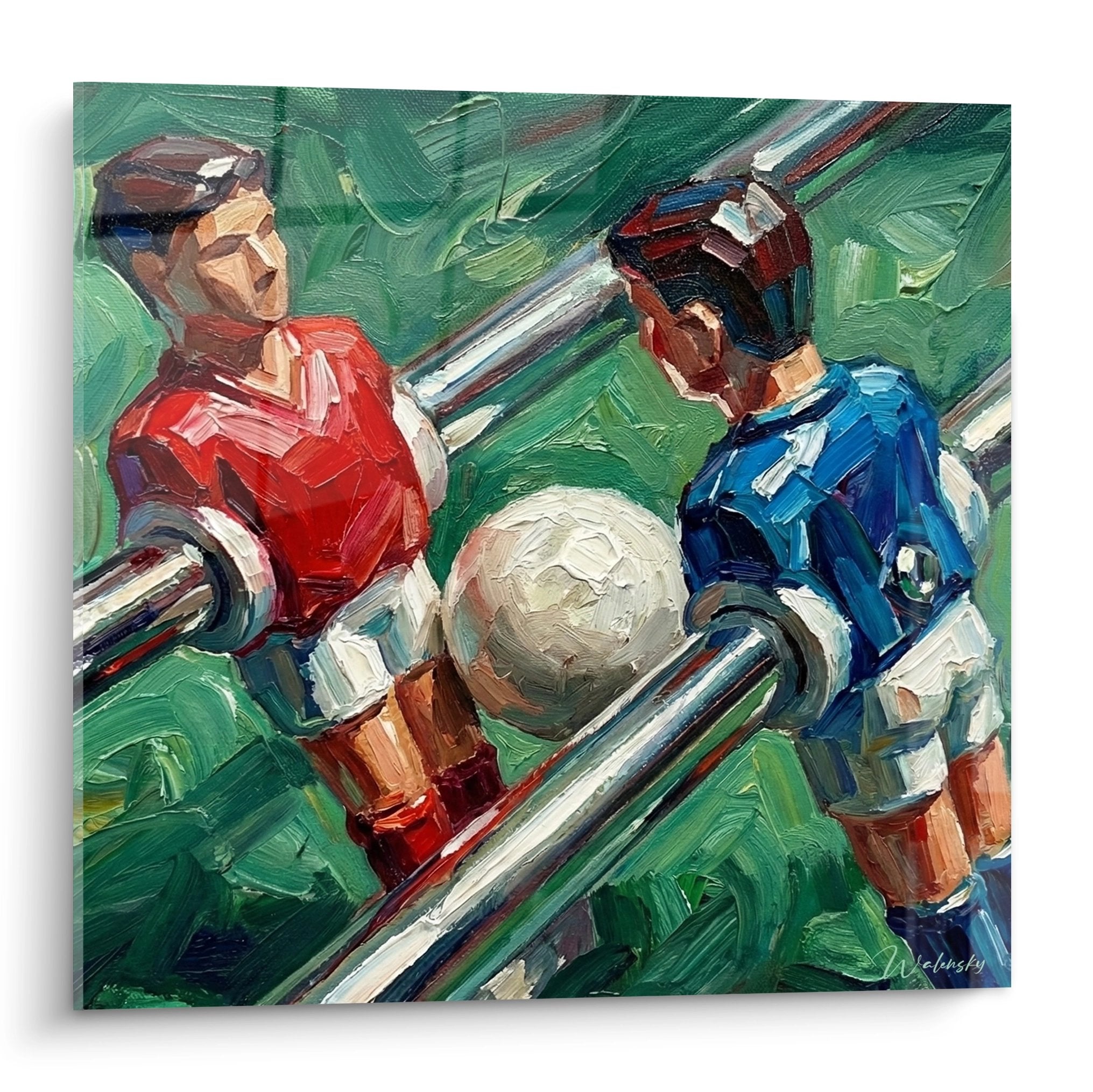 Gemälde Kunstwerk Tischfußball Spiel Rot Blau auf grünem Hintergrund moderner expressionistischer Stil