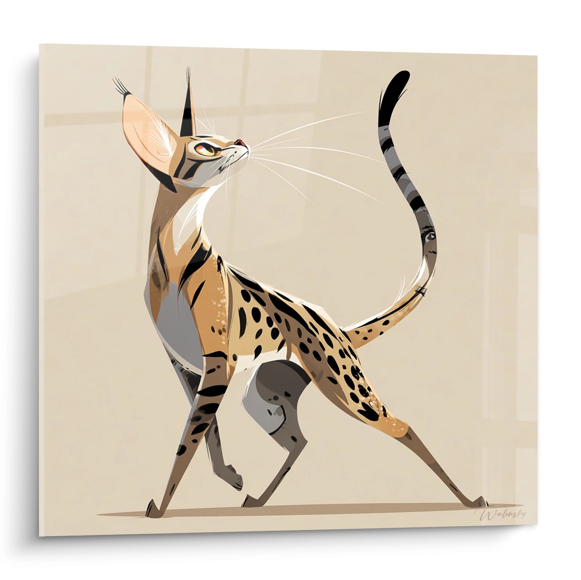 Tableau moderne représentant un chat Savannah stylisé aux motifs tachetés sur fond beige neutre