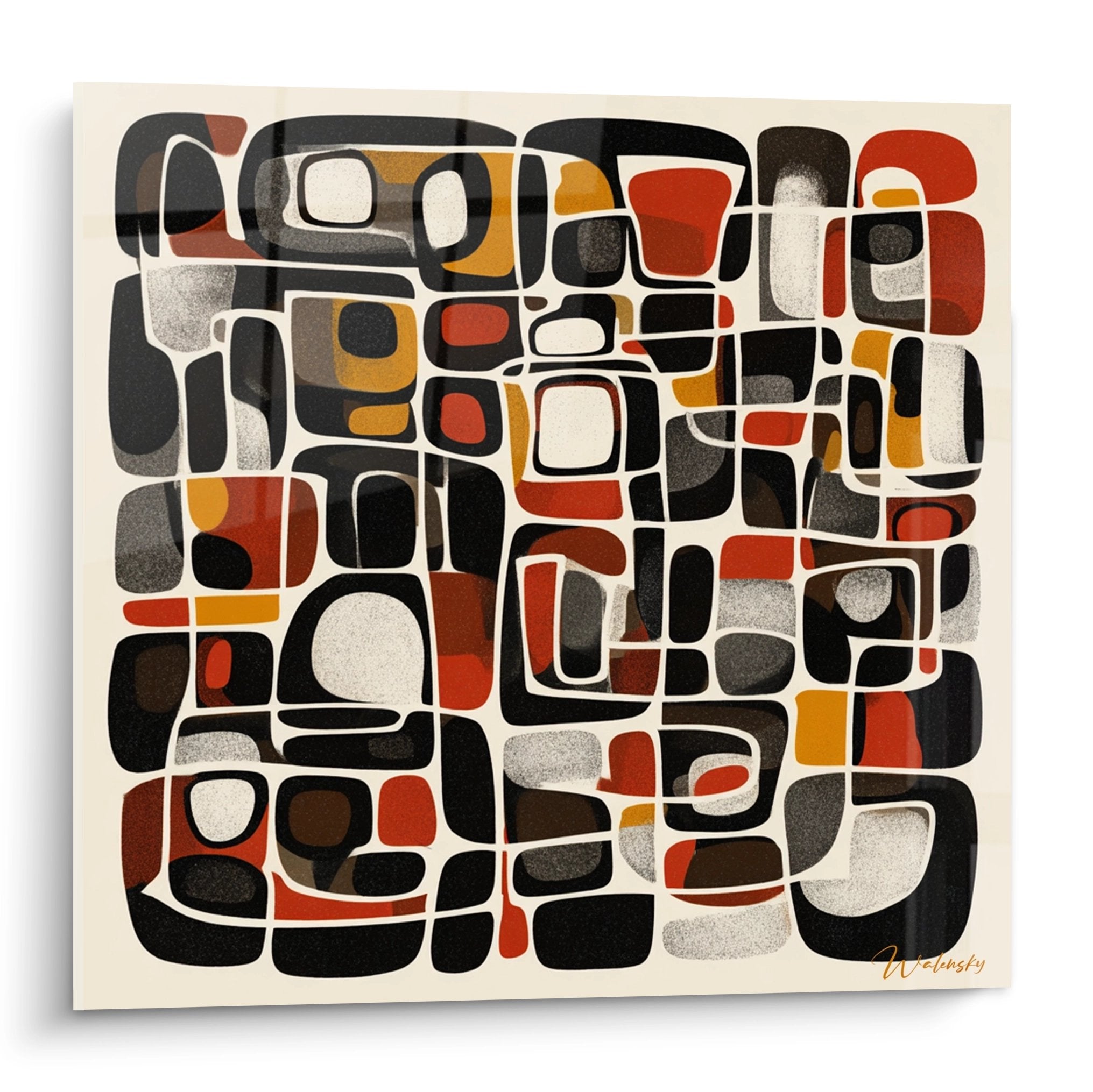 Quadro mosaico geometrico africano con motivi tribali colorati rosso ocra nero bianco forme organiche