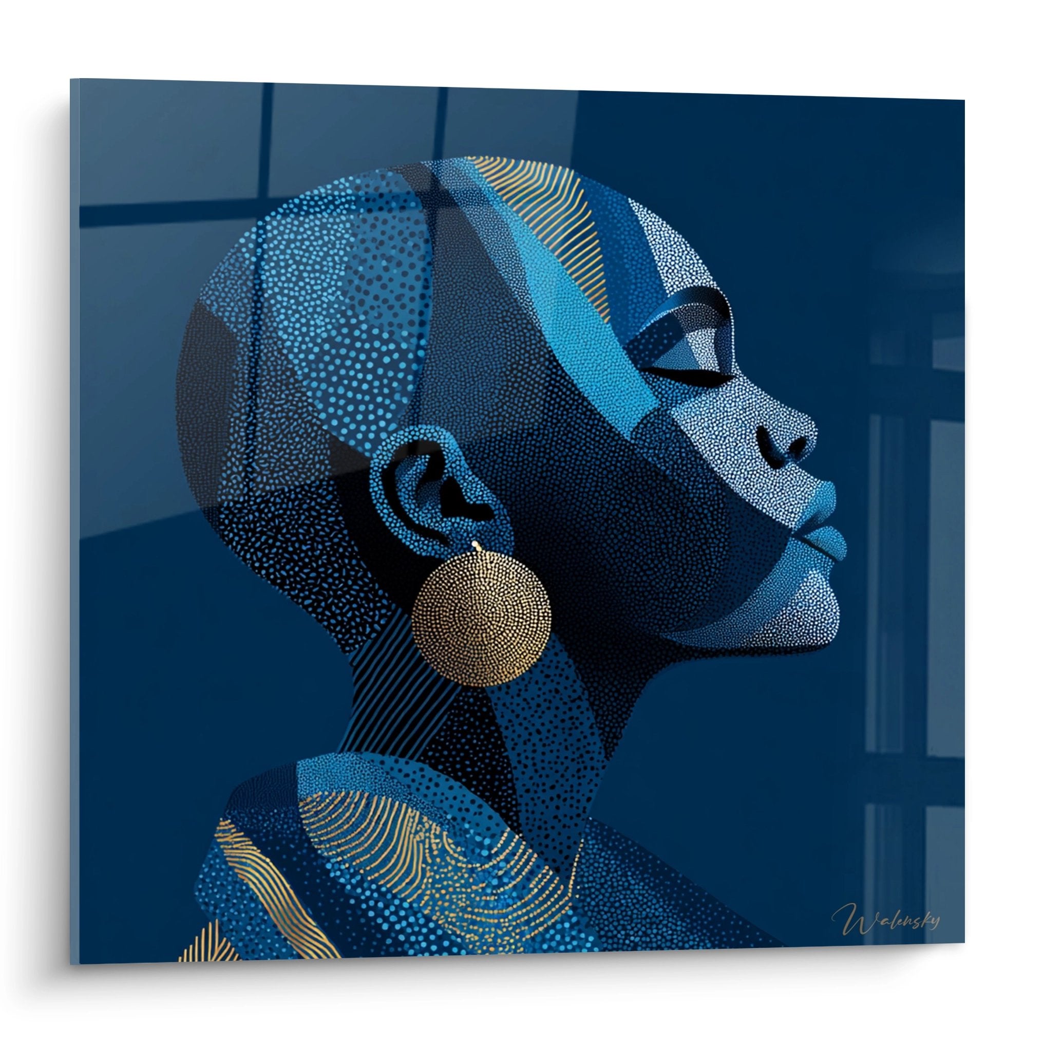 Quadro ritratto stilizzato donna africana profilo motivi geometrici blu dorati arte contemporanea decorazione murale