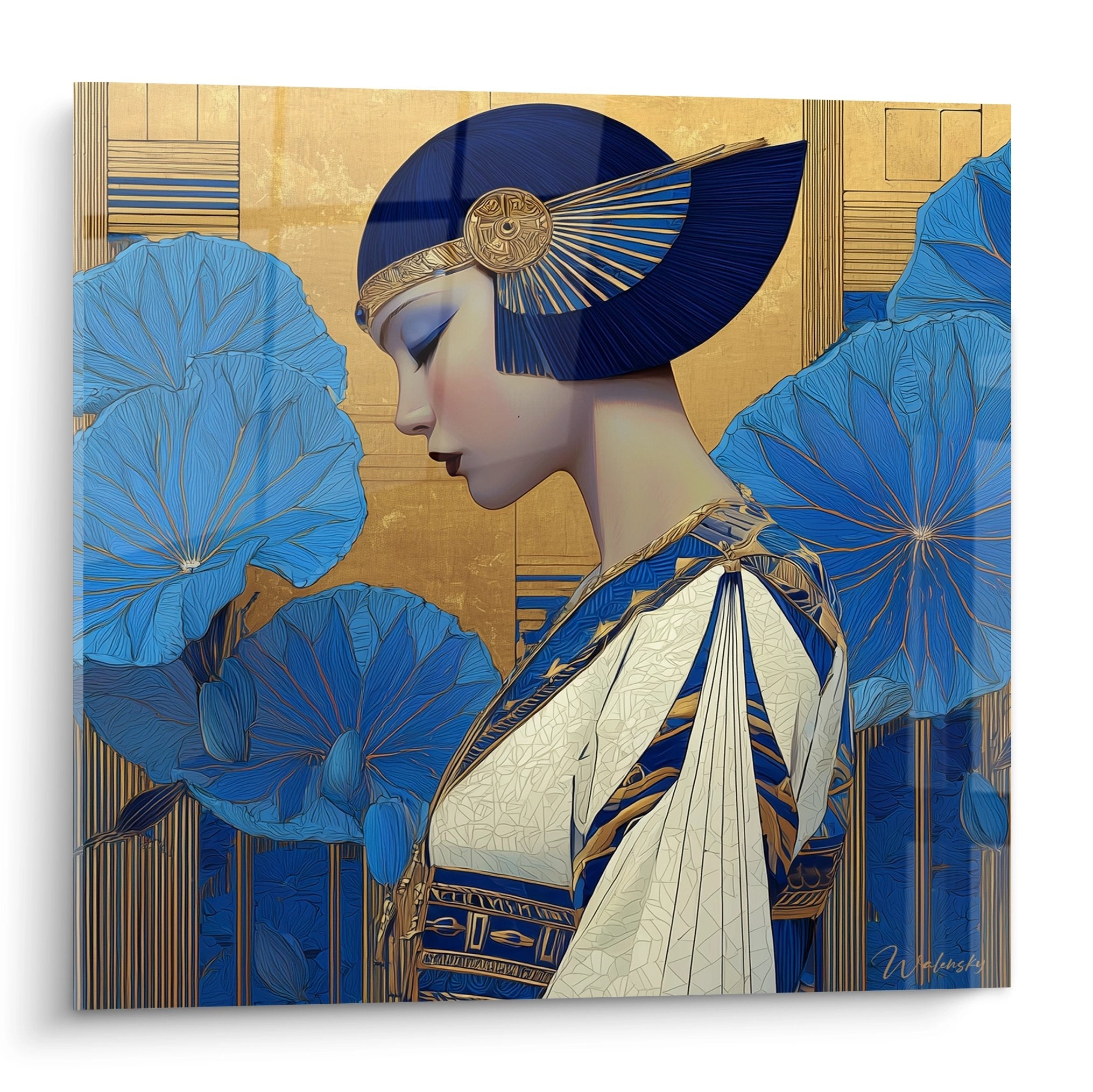 Art deco woman portrait elegant profile blue lotus golden background oriental style 1920s