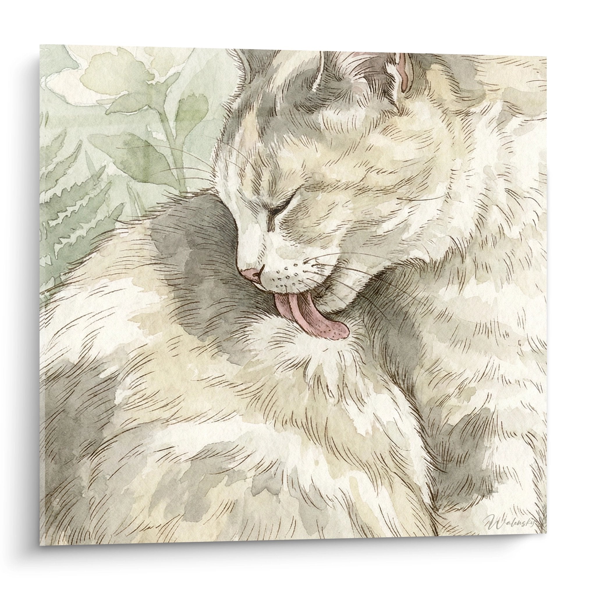 Dipinto ad acquerello raffigurante un gatto Manx nei toni beige e panna in uno stile artistico delicato