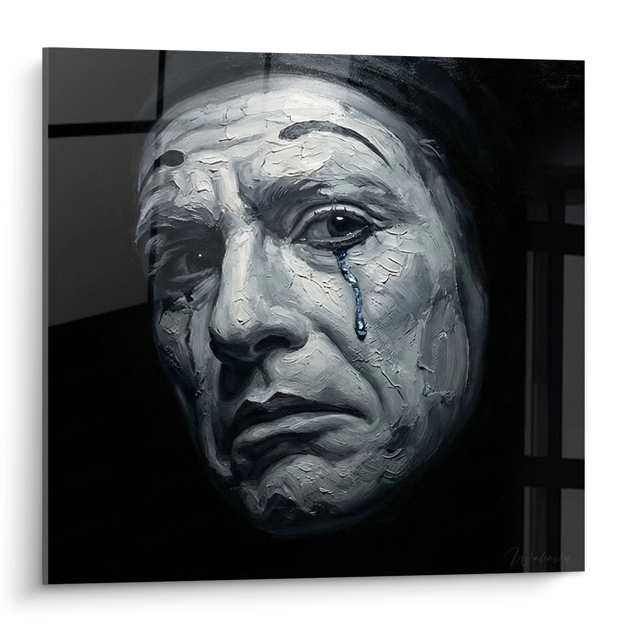 Quadro ritratto clown triste in bianco e nero con lacrima che scorre sulla guancia, arte circense emotiva decorazione murale