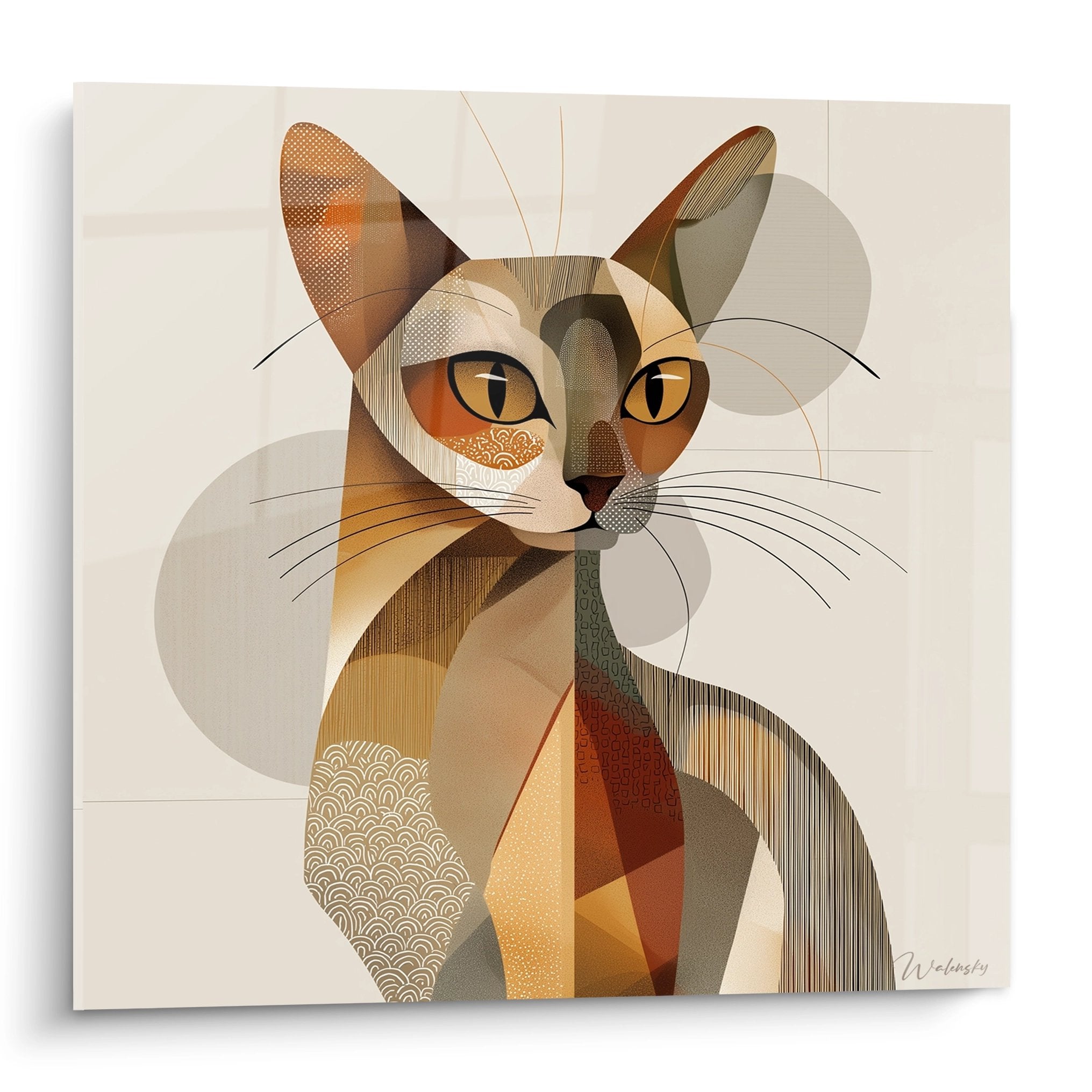 Tableau moderne chat Singapura style géométrique abstrait tons ocre et orange pour décoration murale contemporaine