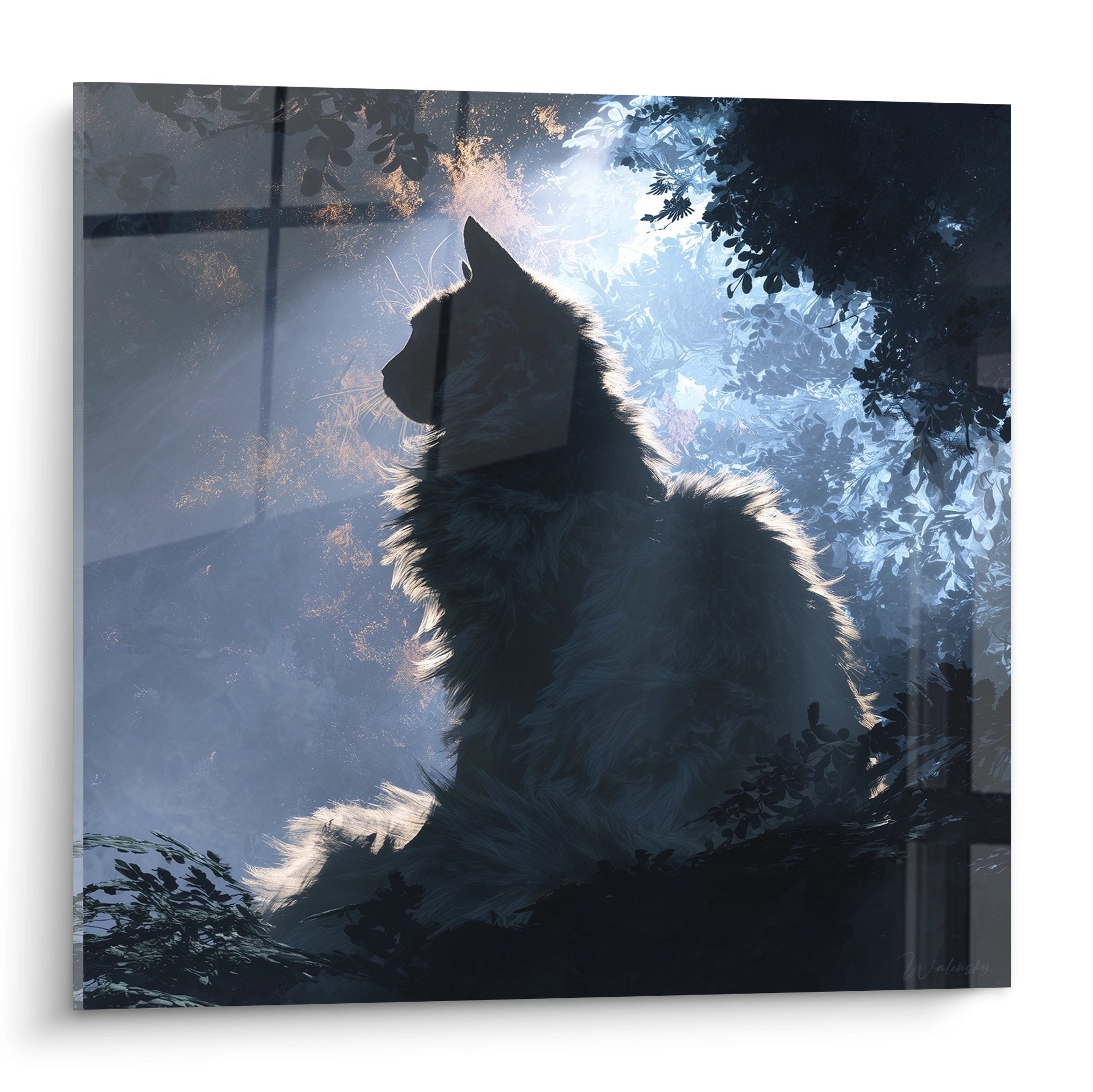 Tableau chat sibérien en contemplation sous lumière dorée mystique, silhouette majestueuse art mural félin décoratif