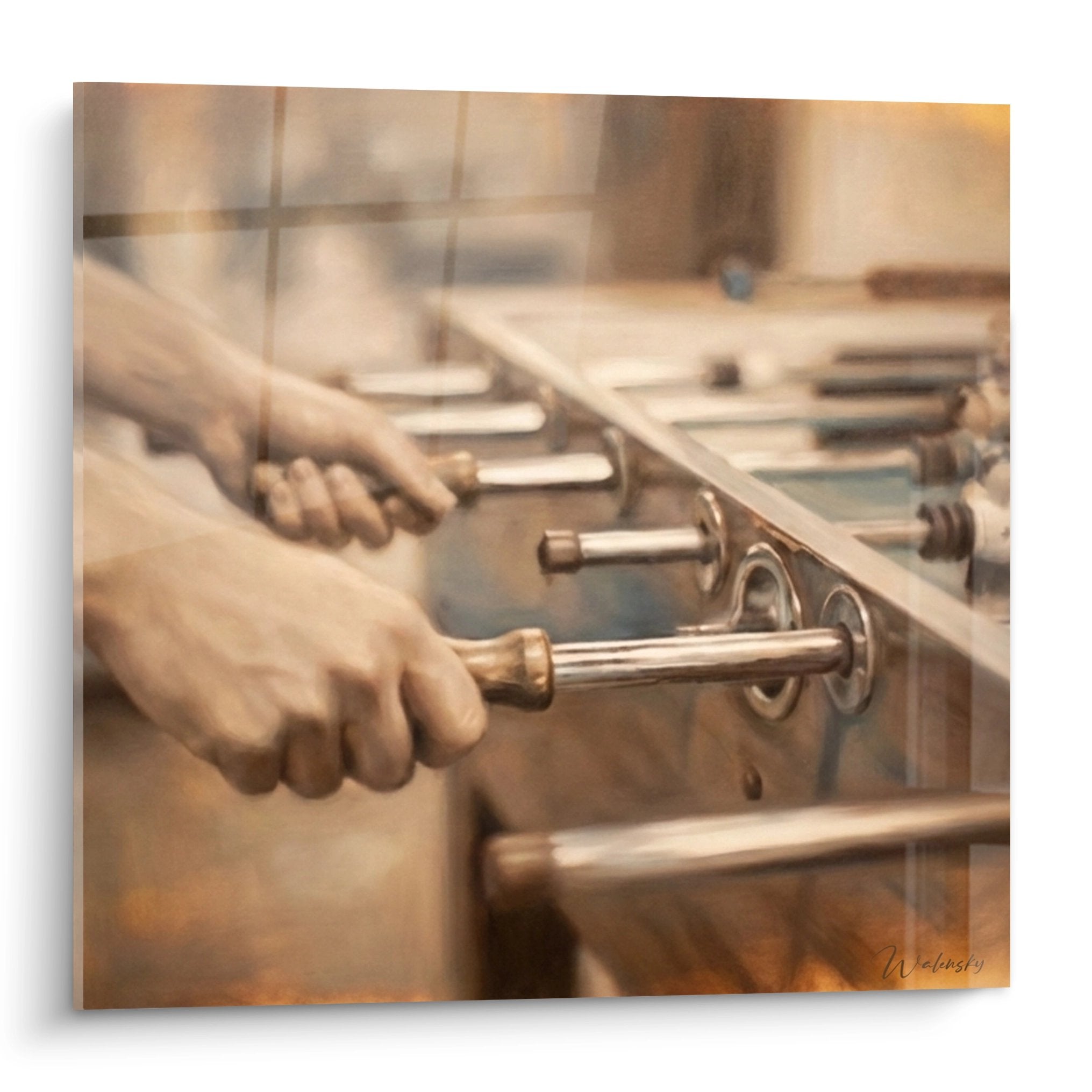 Tableau artistique babyfoot vintage montrant mains manipulant barres chromees dans ambiance chaleureuse doree