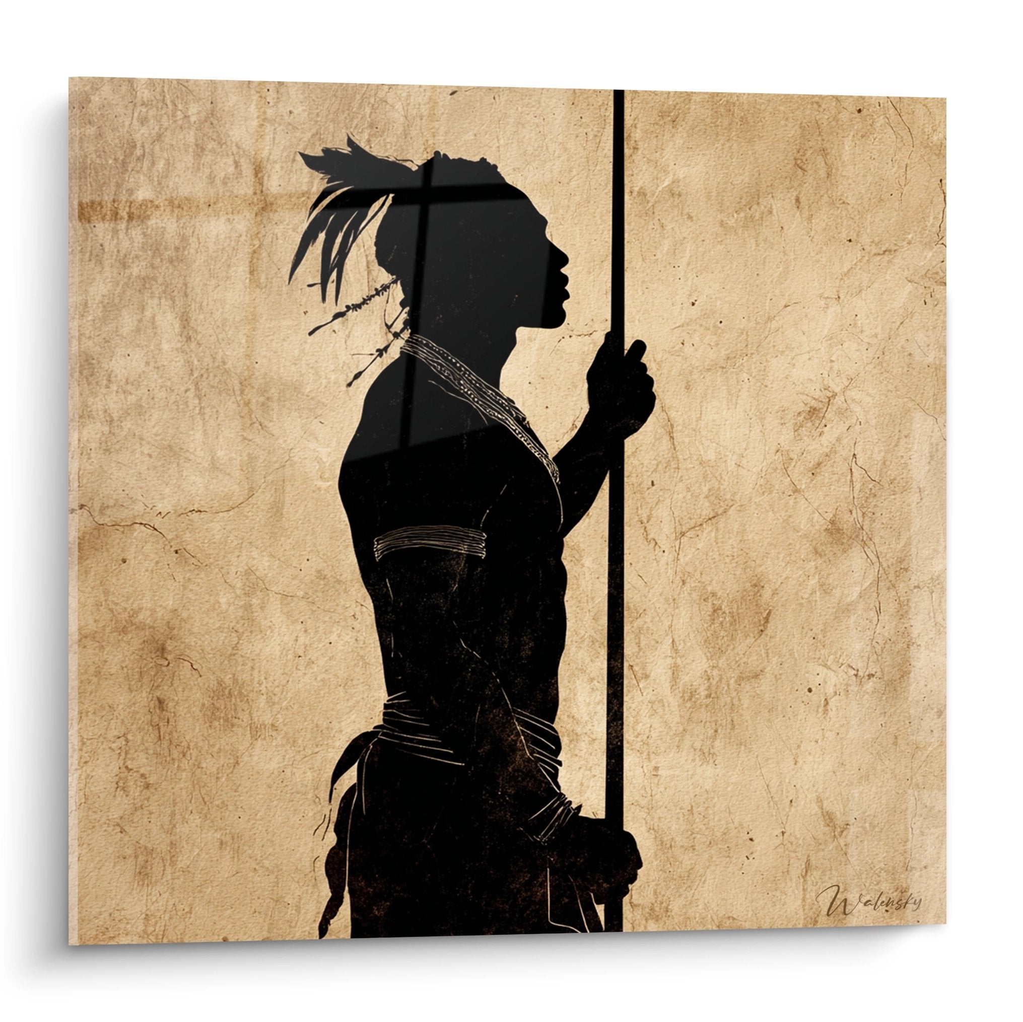 African warrior wall art in black silhouette with spear on patinated beige background tribal style