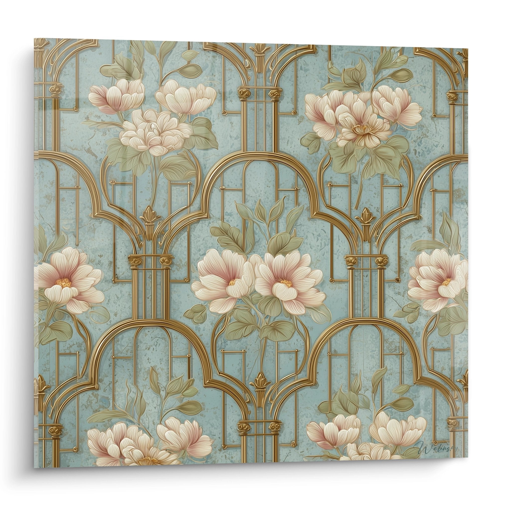 Quadro art deco motivi floreali archi dorati peonie rosa sfondo turchese vintage decorazione murale elegante