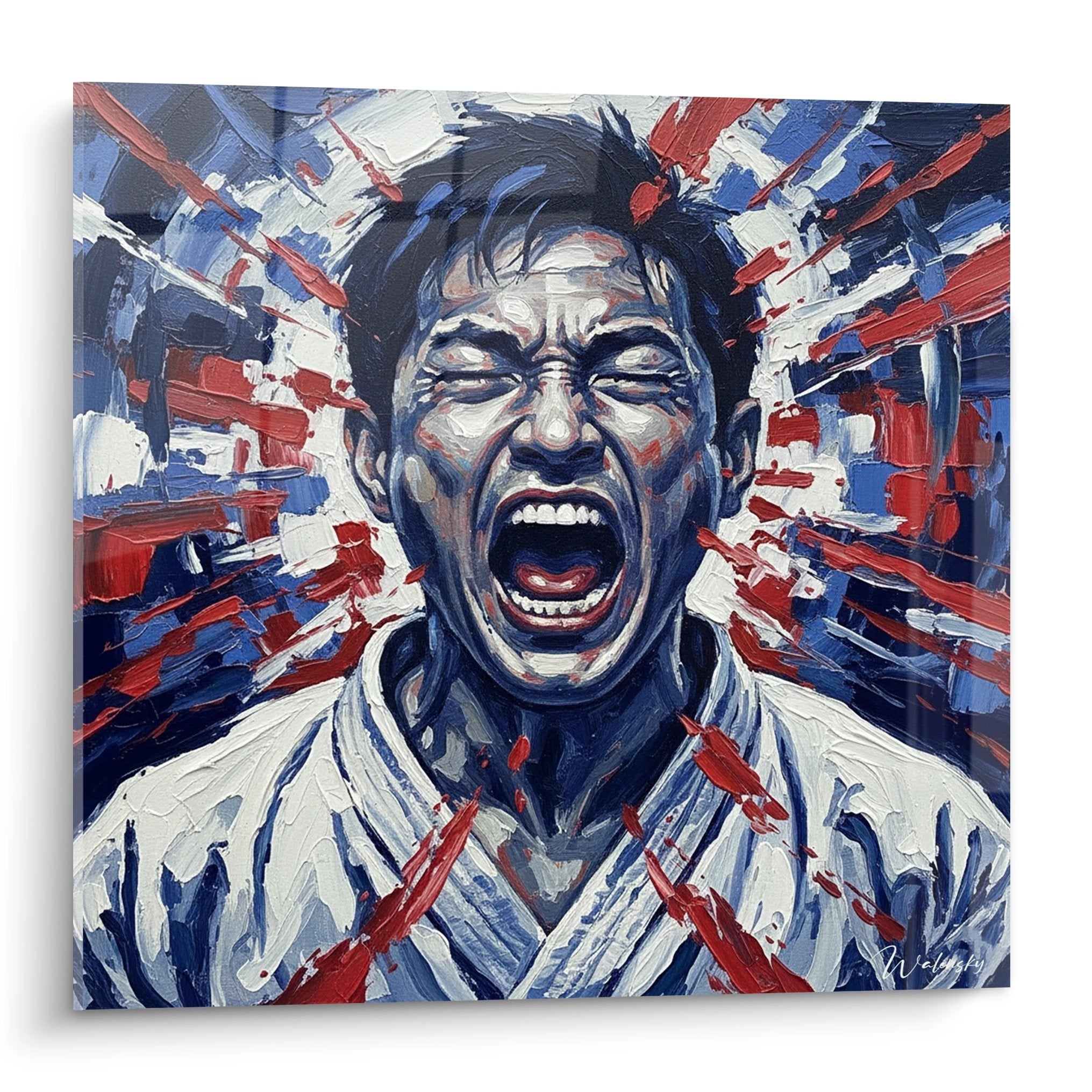 Tableau d'art martial représentant un karatéka en plein cri de guerre avec explosion de couleurs rouge blanc bleu