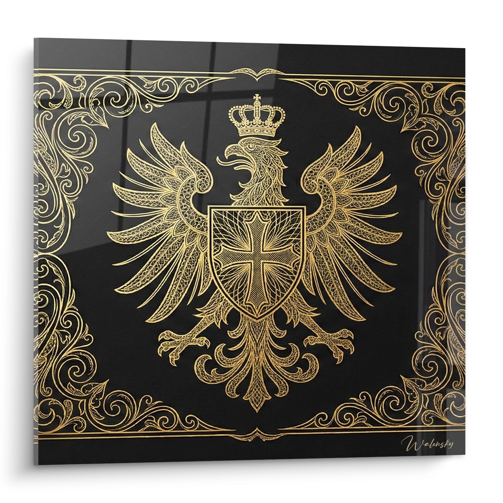 Quadro murale aquila araldica reale dorata con corona e stemma su sfondo nero decorativo