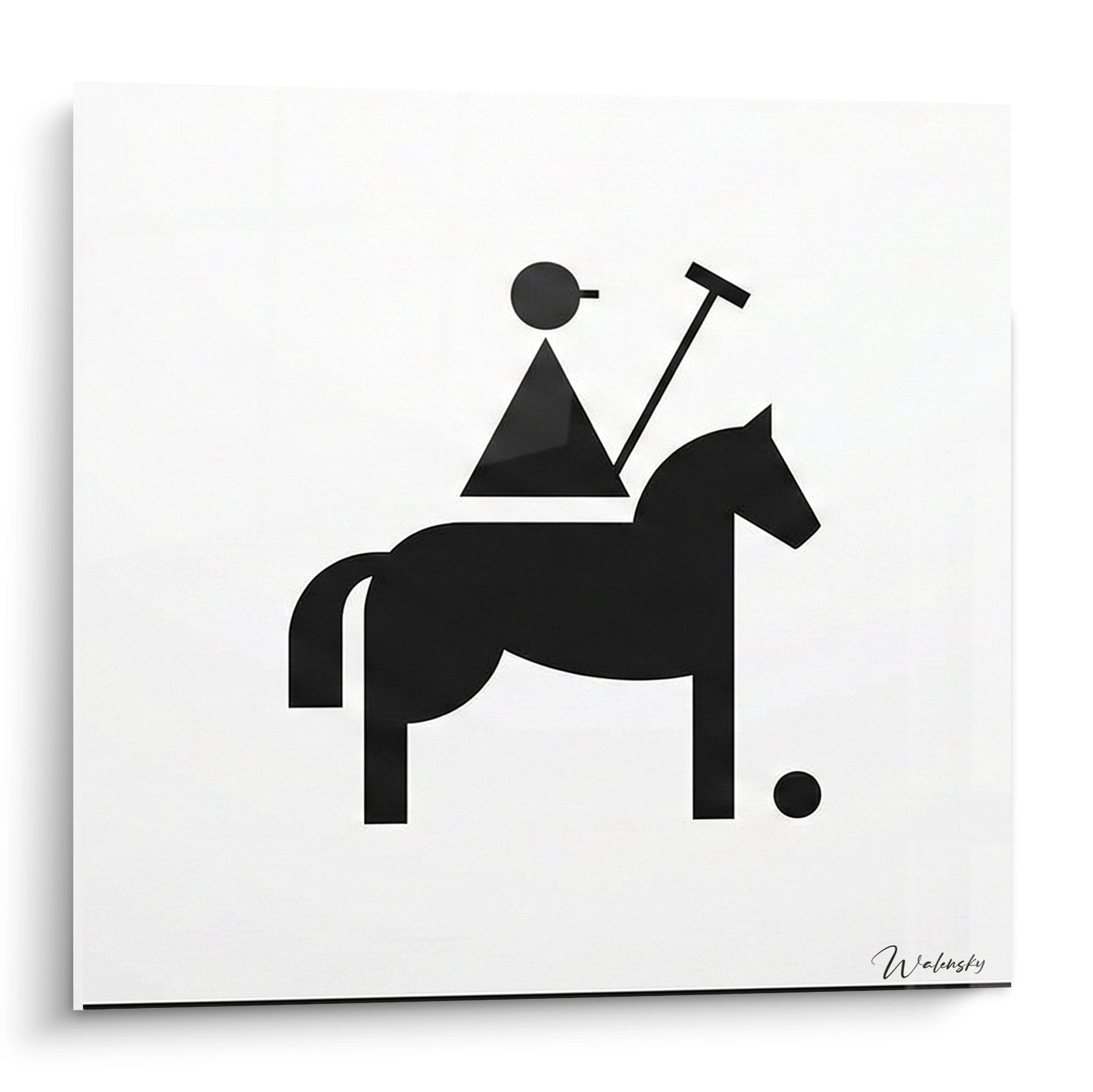 Minimalist black and white polo painting depicting a geometric rider on horseback with mallet