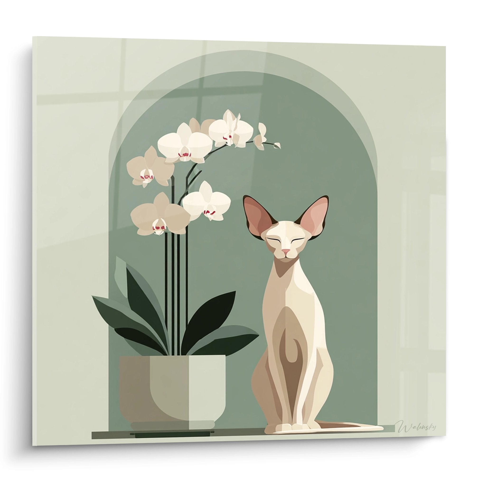 Quadro moderno gatto Sphynx beige seduto accanto a orchidee bianche in nicchia verde, arte murale zen ed elegante