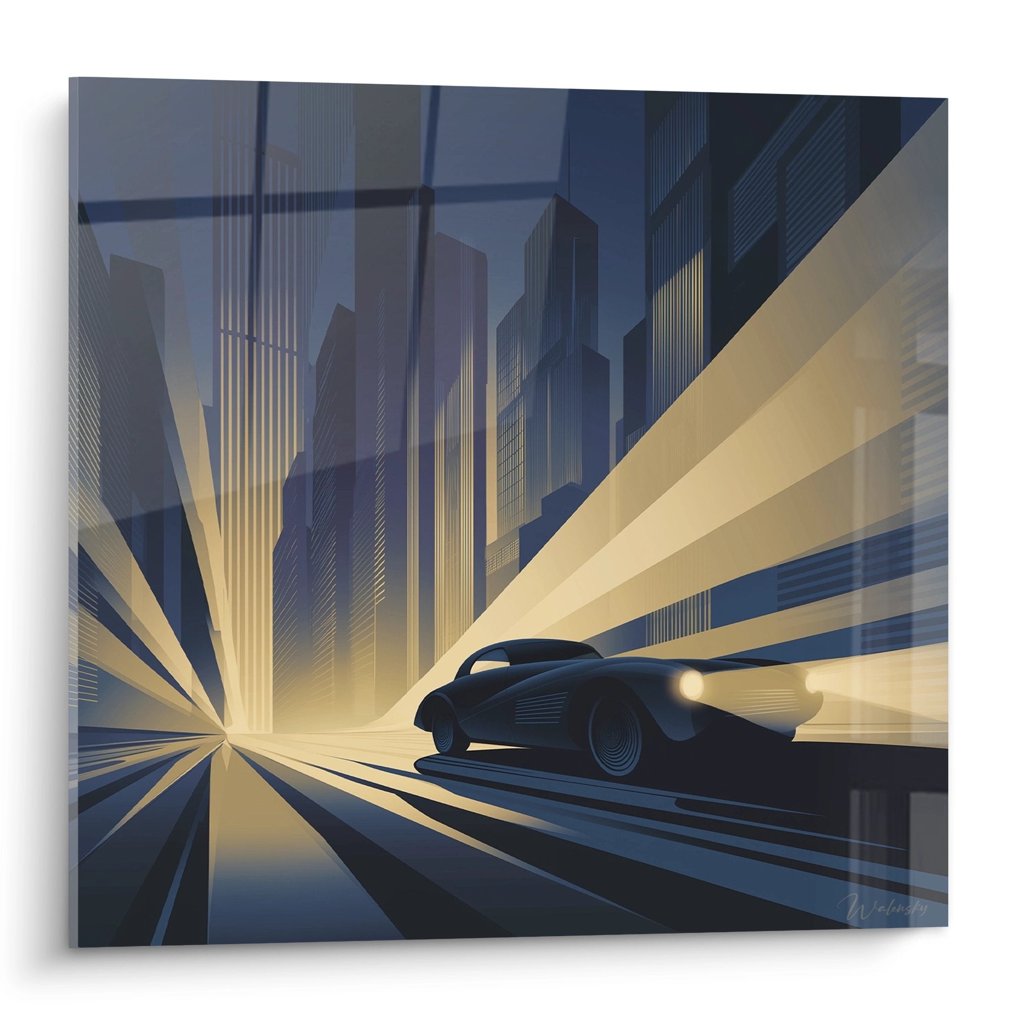 Quadro art déco automobilistico futuristico con grattacieli e raggi luminosi dorati su sfondo blu urbano moderno