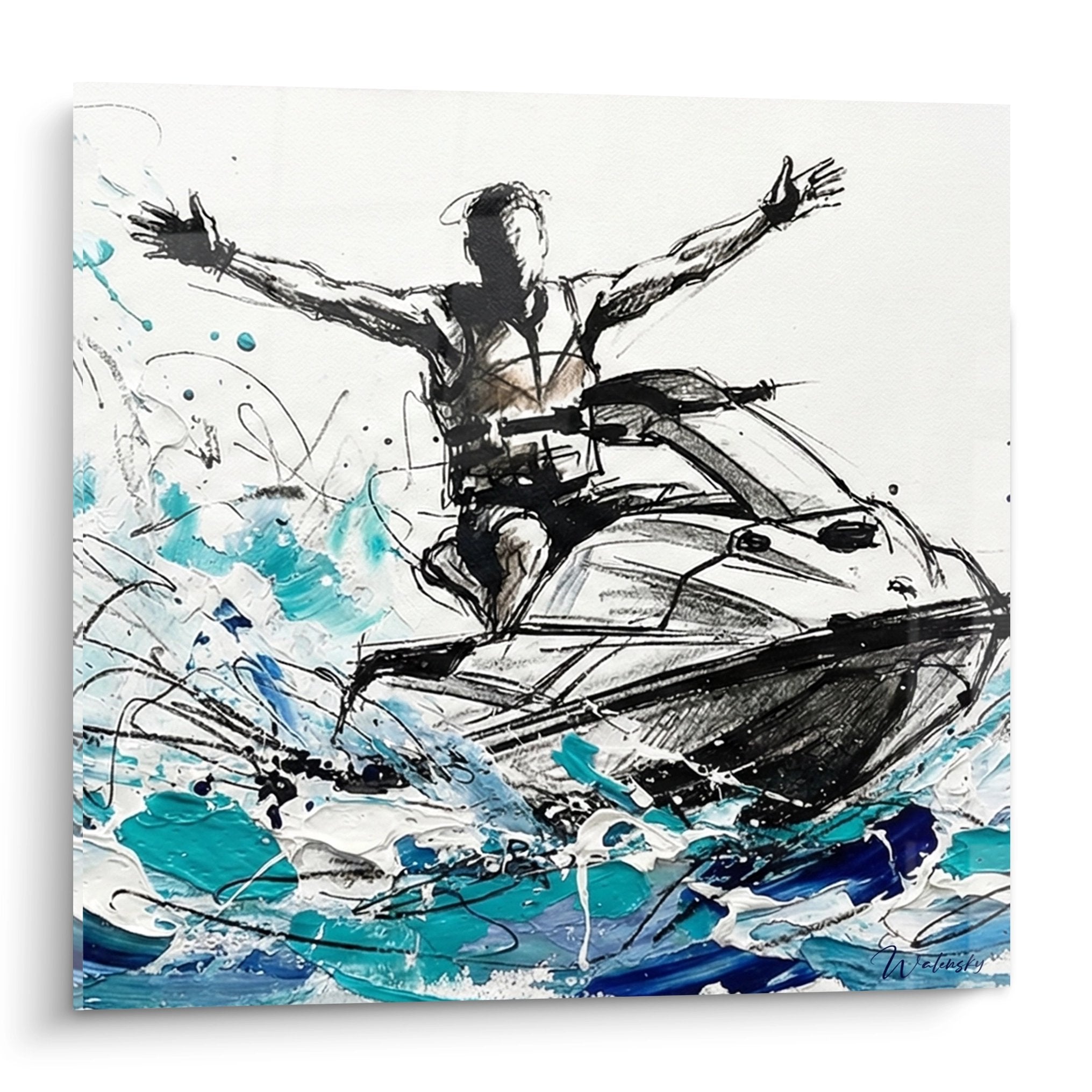 Tableau jetski moderne avec pilote bras levés sur fond turquoise et éclaboussures d'eau stylisées