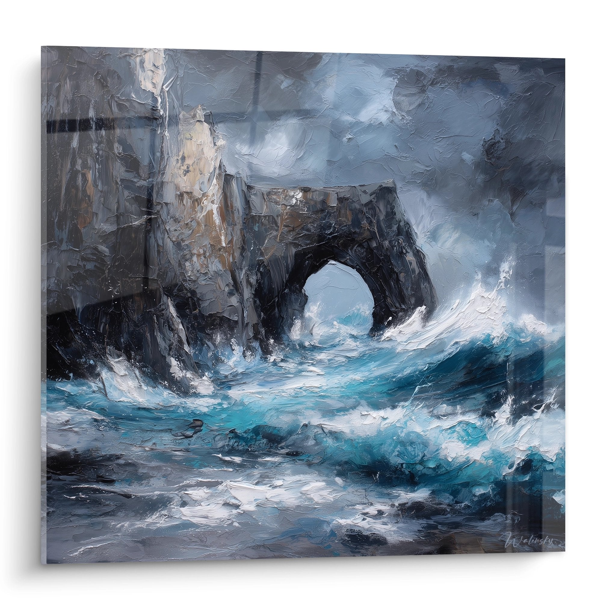 Quadro pittura arco marino tempesta scogliere normandia onde turchesi schiuma bianca rocce grigie