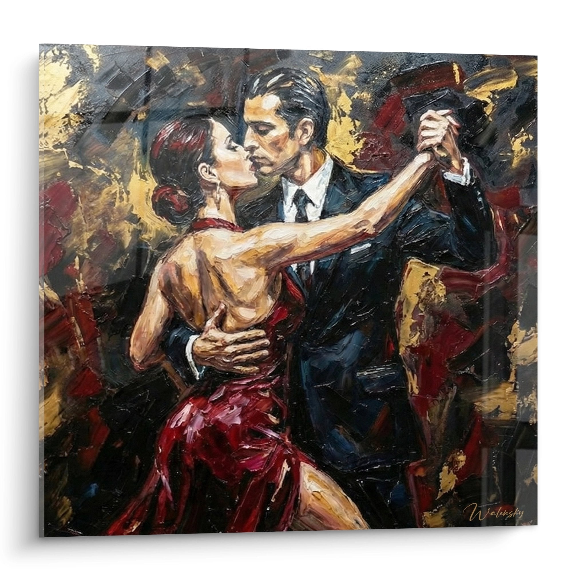 Quadro tango argentino coppia ballerini abbracciati abito rosso costume scuro pittura murale danza passione