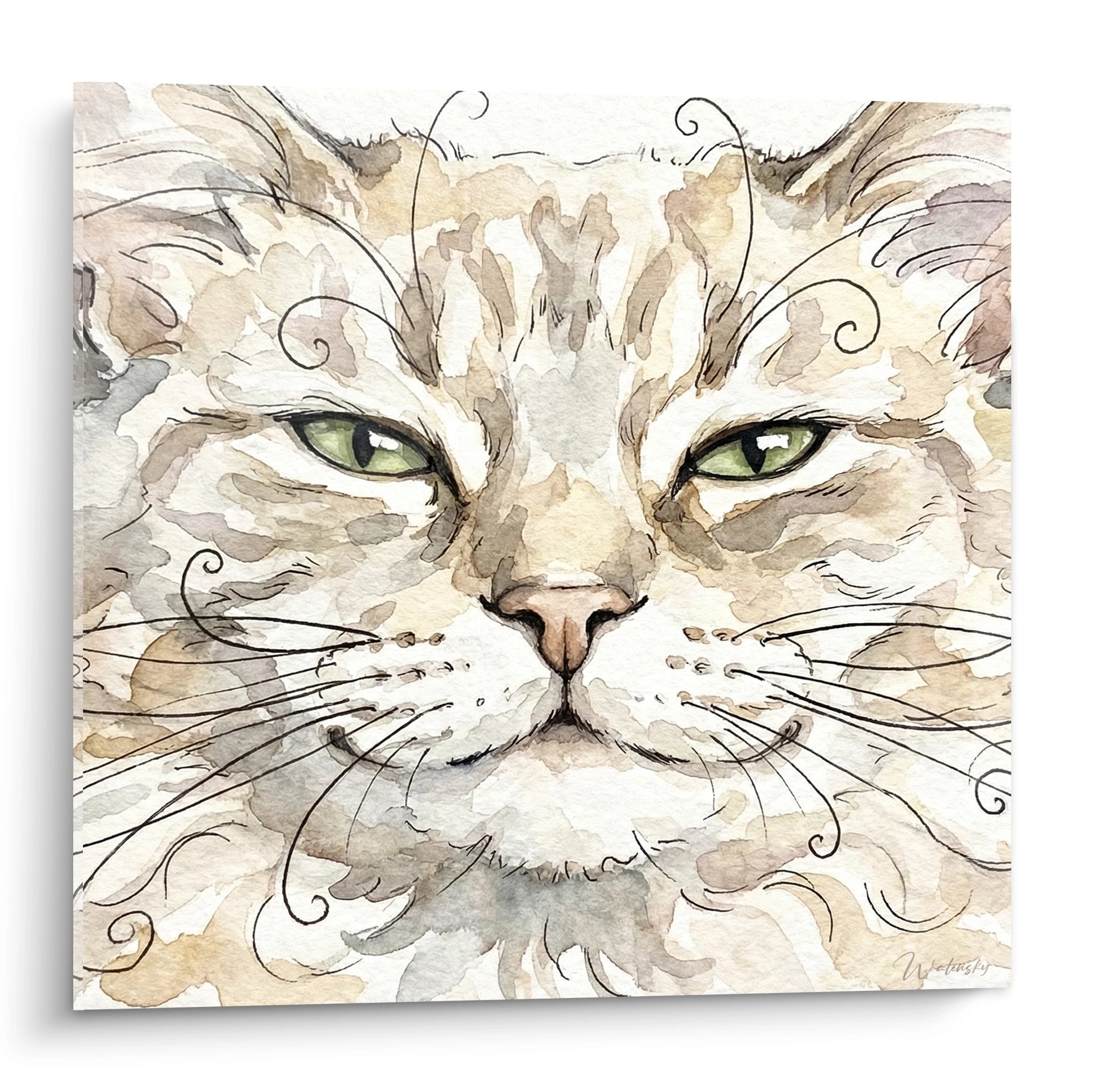 Quadro acquerello gatto occhi verdi stile boho decorativo per interni moderni collezione Laperm