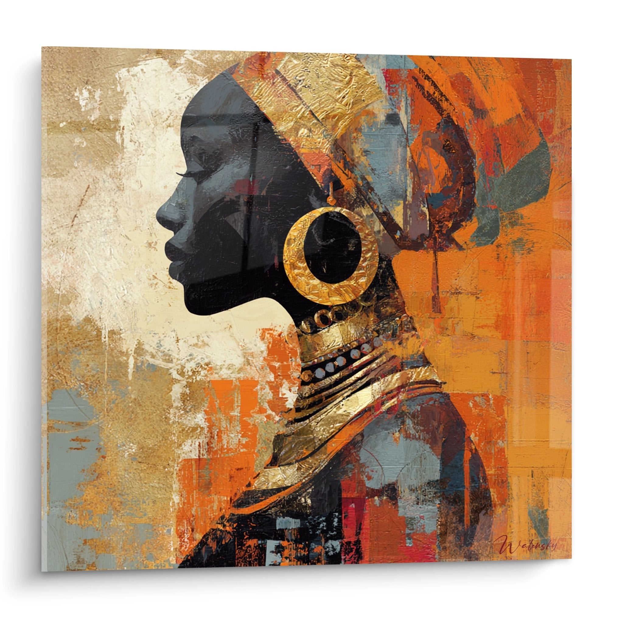 Modernes Gemälde afrikanisches Frauenprofil mit goldenen Schmuckstücken auf strukturiertem orangefarbenem Hintergrund ethnische Wandkunst
