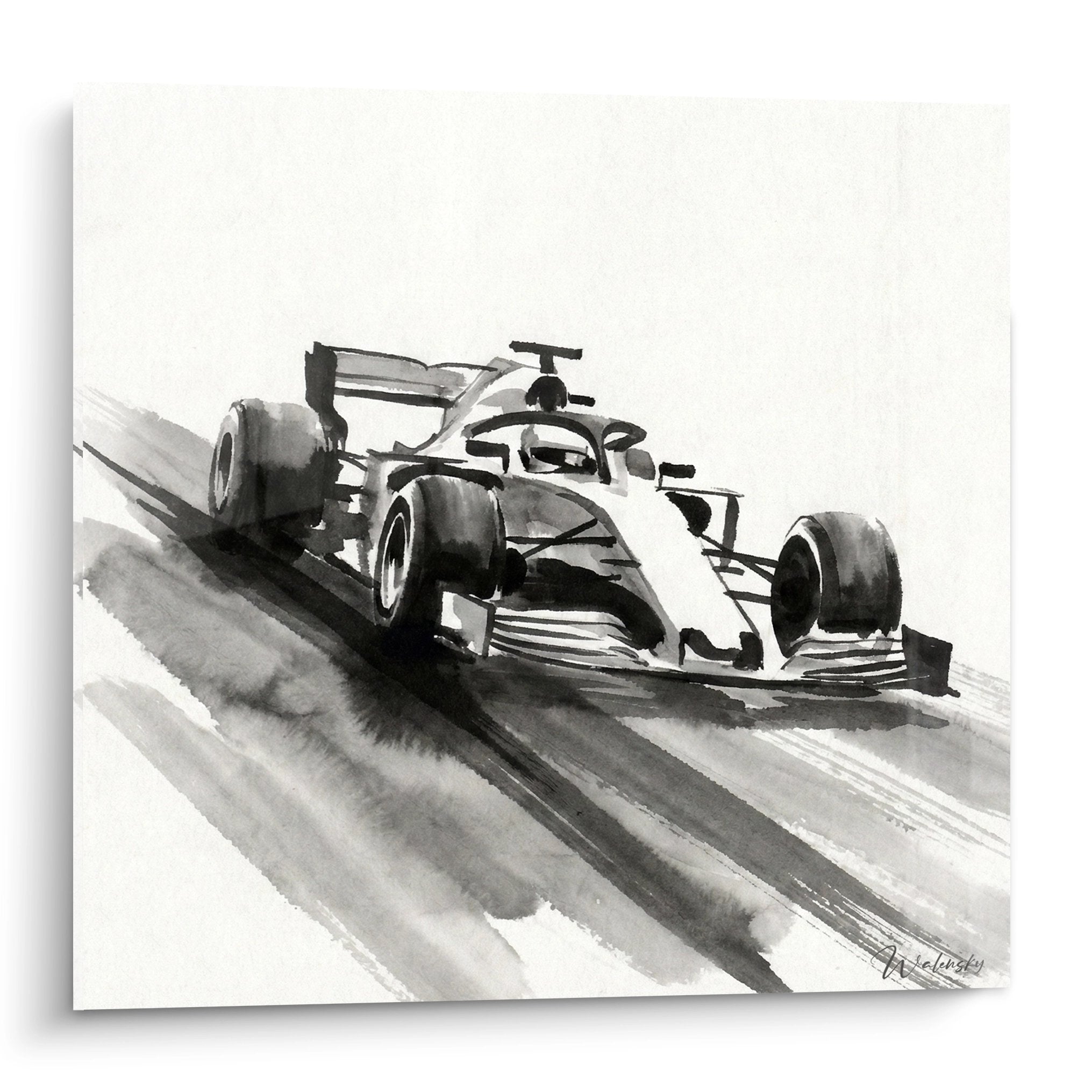 Tableau noir et blanc d'une monoplace de Formule 1 en mouvement sur circuit avec effet de vitesse