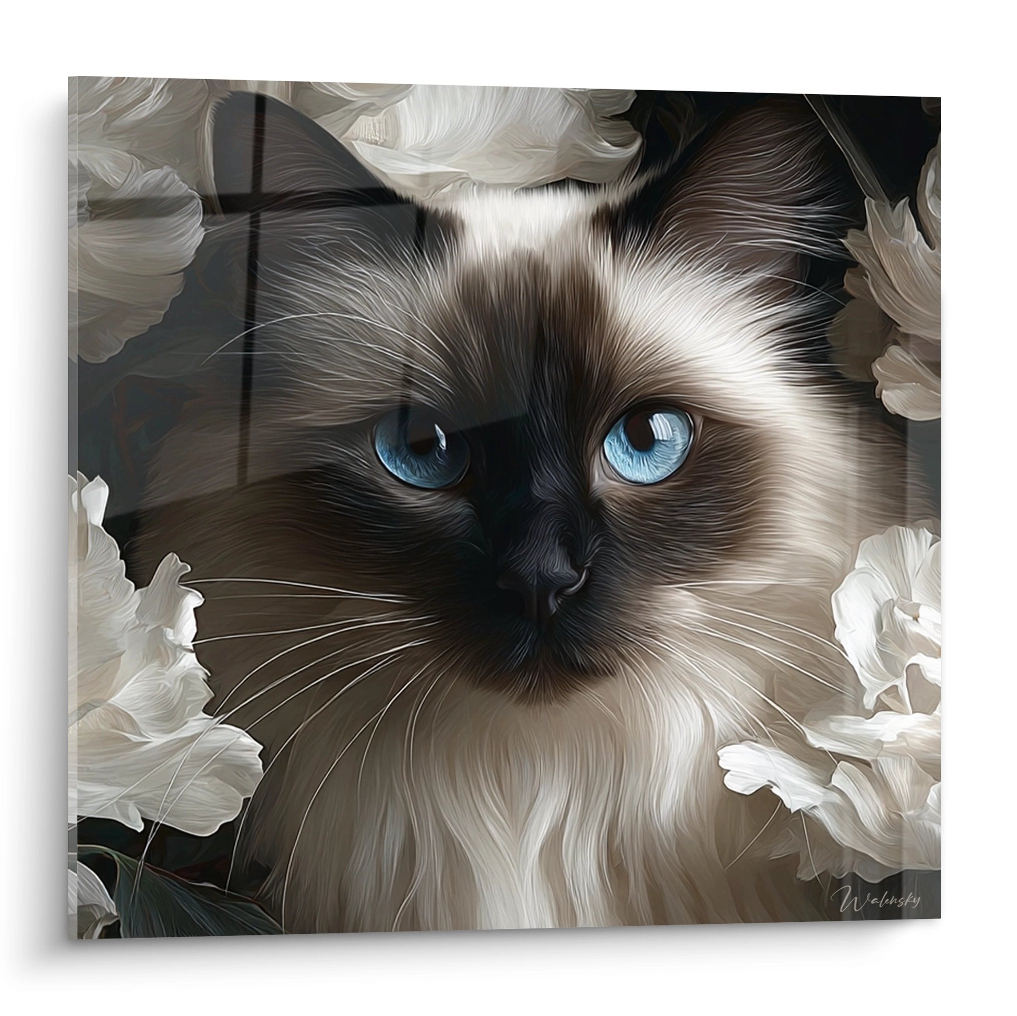 Artistic Birman cat painting with beautiful blue eyes surrounded by white roses on premium canvas