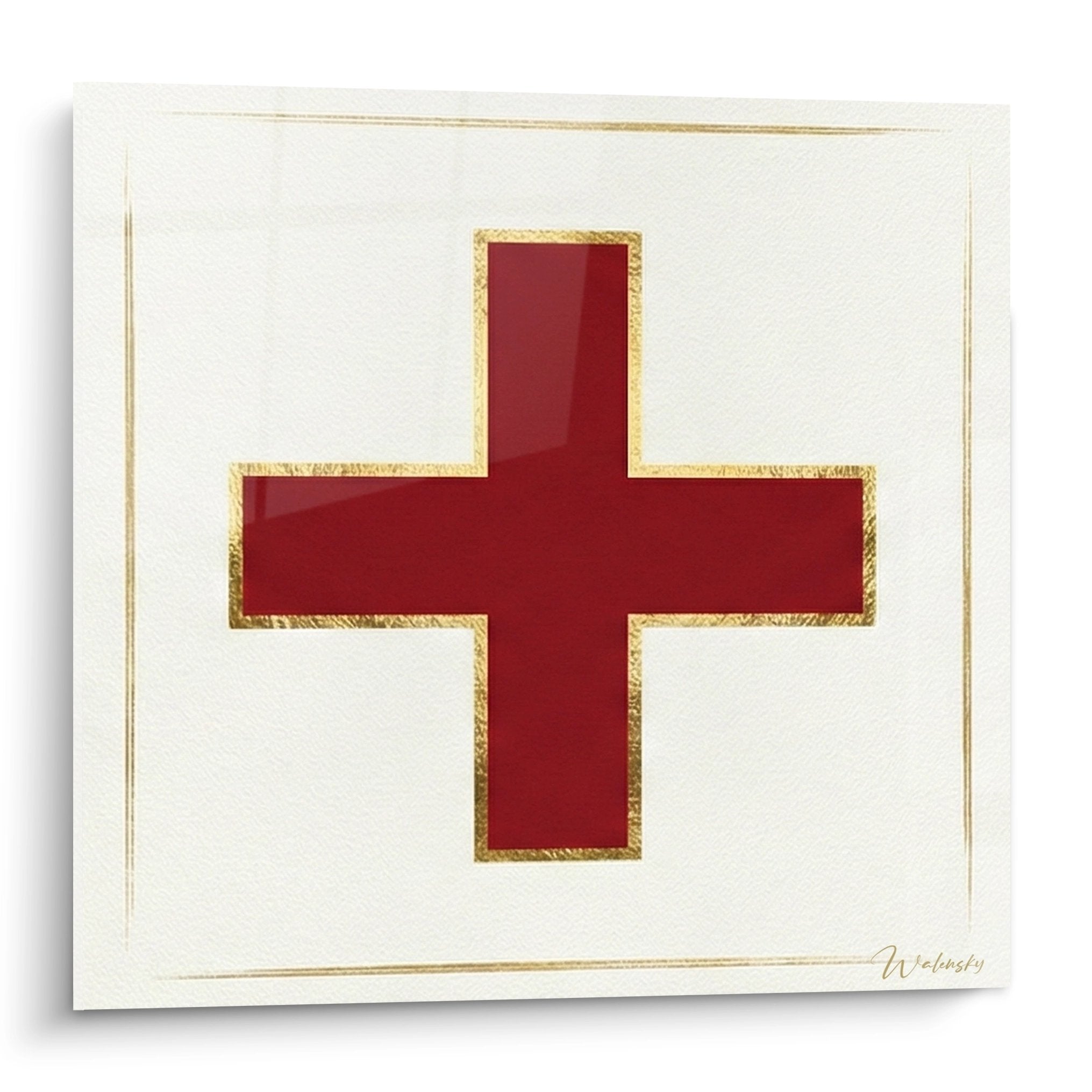 Quadro artistico croce rossa su fondo bianco con bordi dorati - arte spirituale contemporanea La Savoie