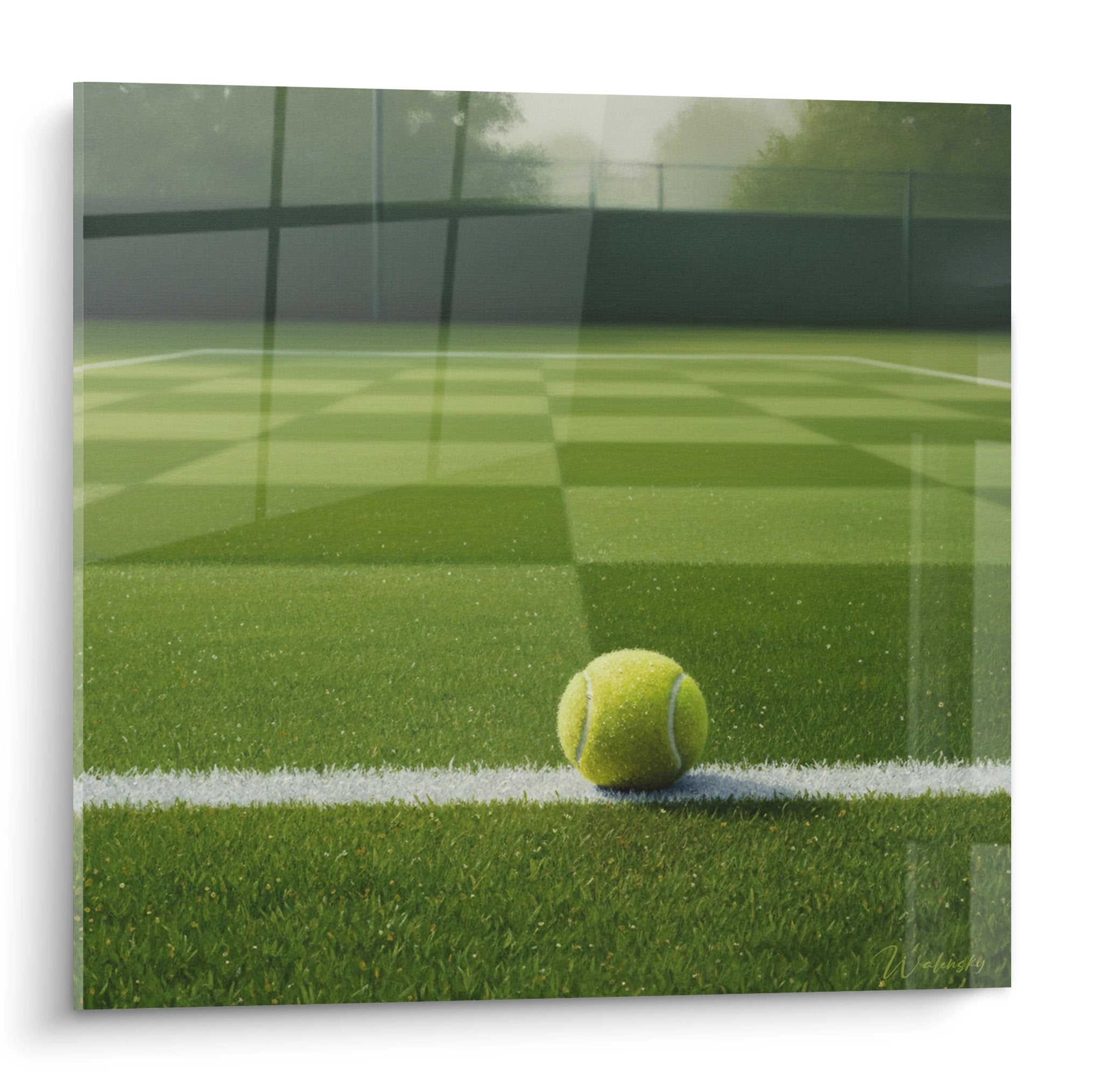 Tableau moderne balle de tennis jaune sur court vert avec lignes blanches art mural decoration sportive