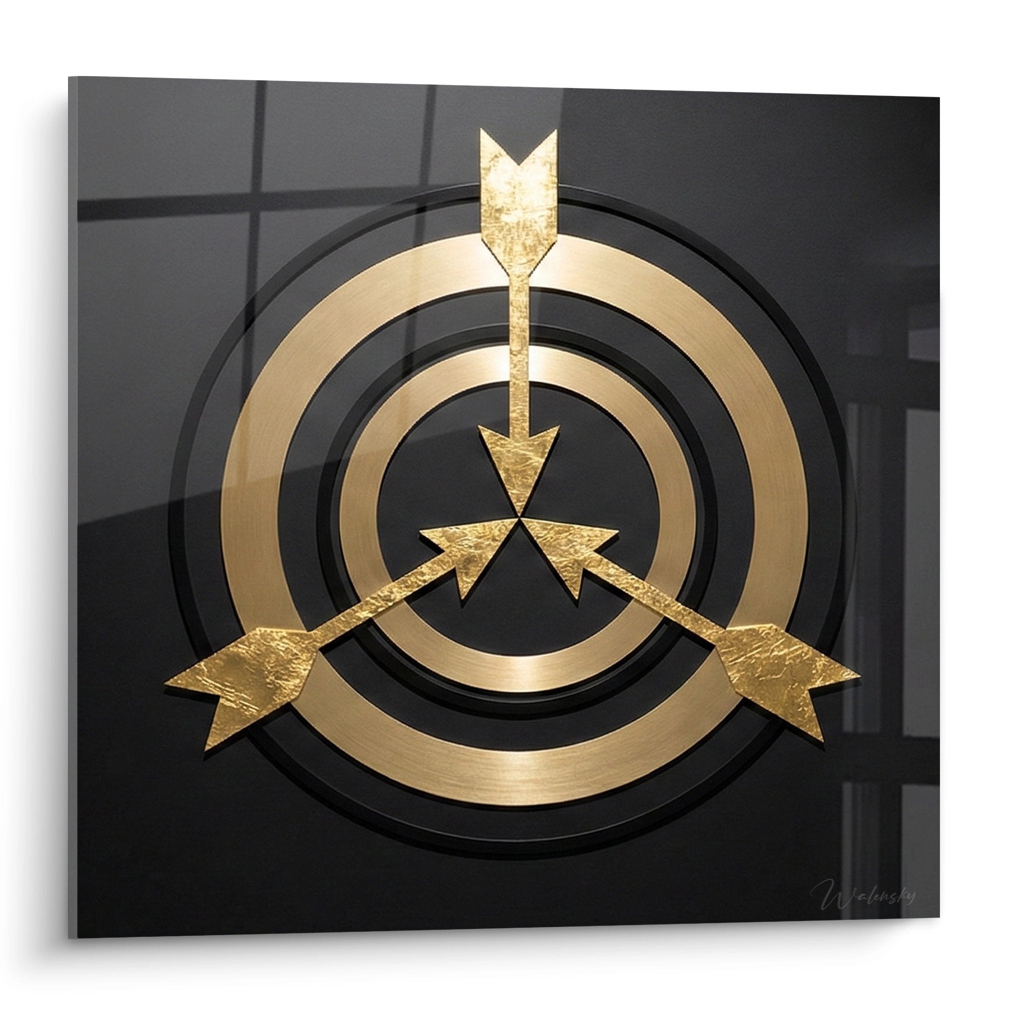 Tableau moderne cible de tir à l'arc dorée avec flèches sur fond noir, art mural décoratif