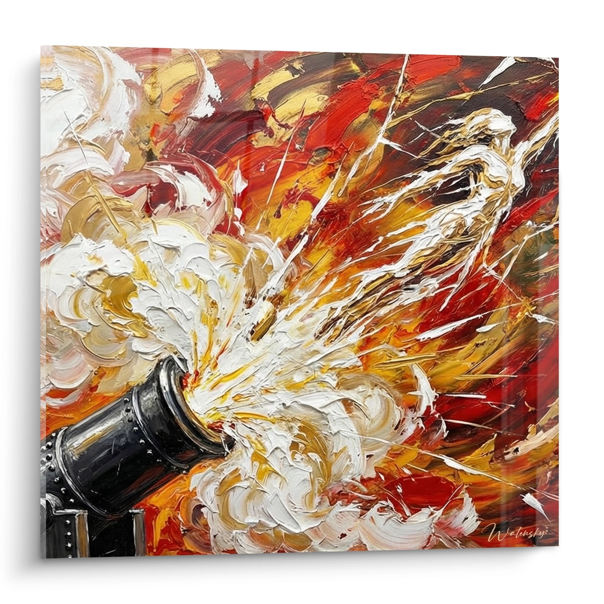 Dipinto quadro cannone circo esplodente con fiamme rosse arancioni e fumo bianco su tela