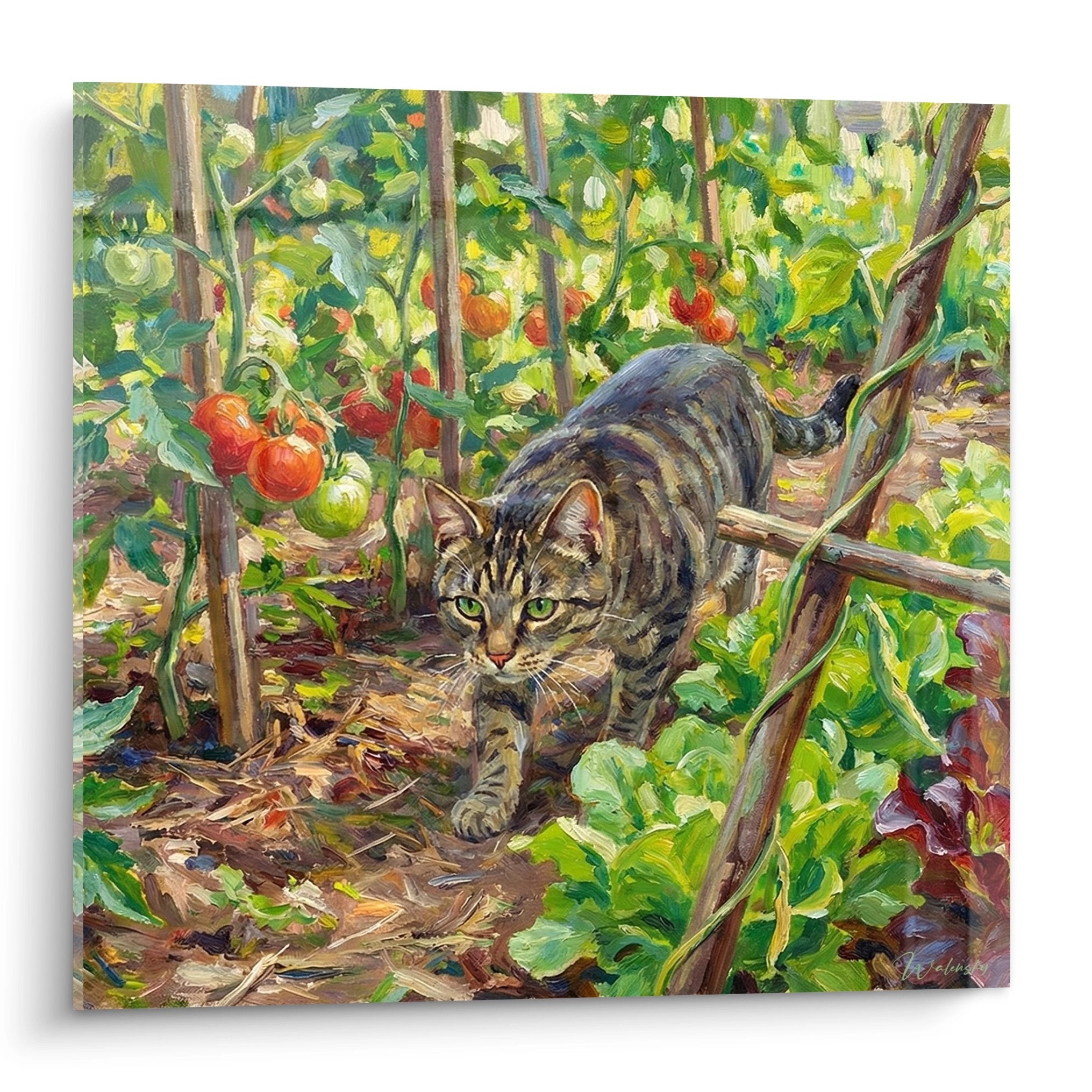 Gemälde Katze Europäisch Kurzhaar Tiger erkundet Gemüsegarten mit roten Tomaten und üppigem grünem Laub