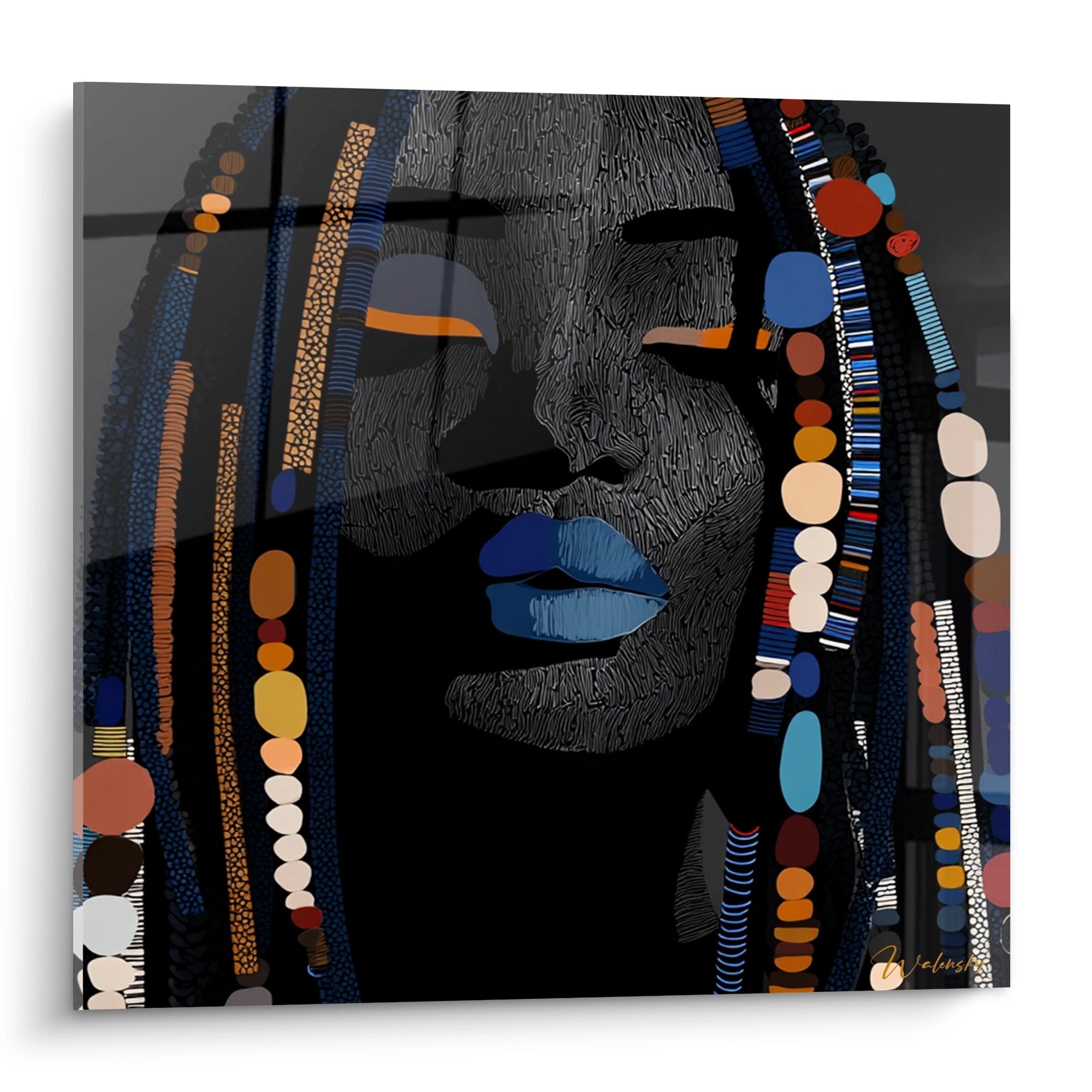 Quadro ritratto stilizzato donna africana motivi geometrici colorati blu arancione decorazione murale etnica