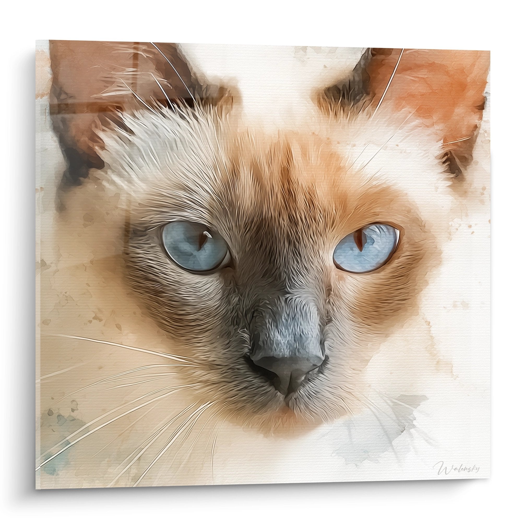 Portrait artistique chat siamois aux yeux bleus, tableau mural style aquarelle moderne pour decoration interieure