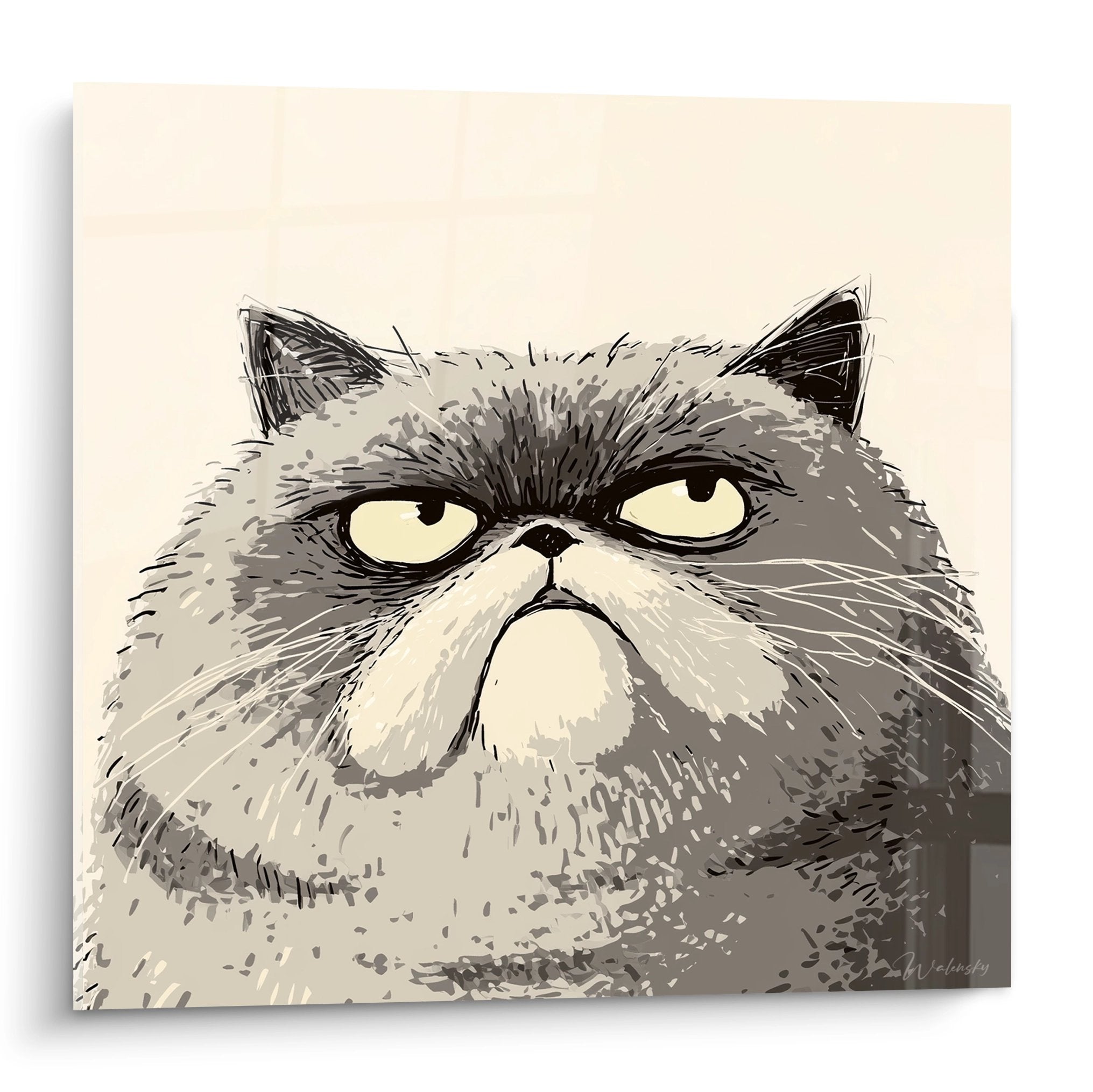 Quadro artistico gatto Exotic Shorthair grigio con sguardo burbanzoso e occhi gialli espressivi su sfondo beige