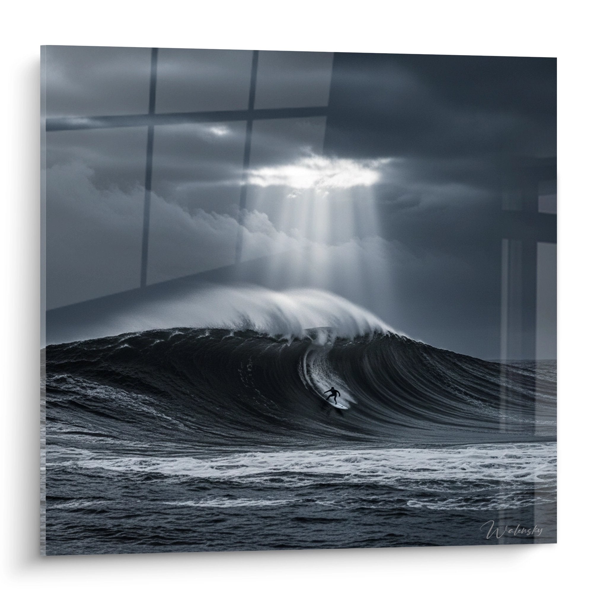 Tableau surfeur dans tube de vague sous ciel orageux avec rayons de lumière dramatiques art surf mural