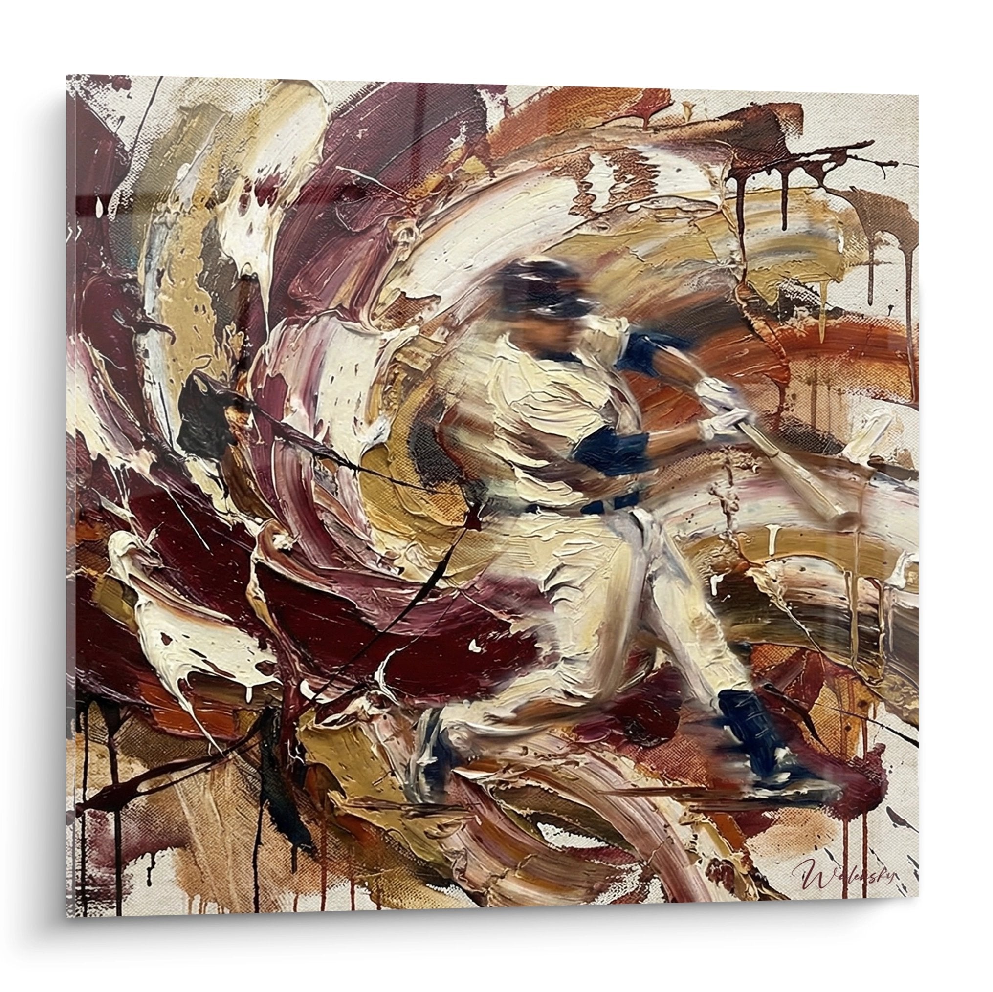 Quadro baseball astratto nei toni ocra e bordeaux con tecnica di impasto dinamico